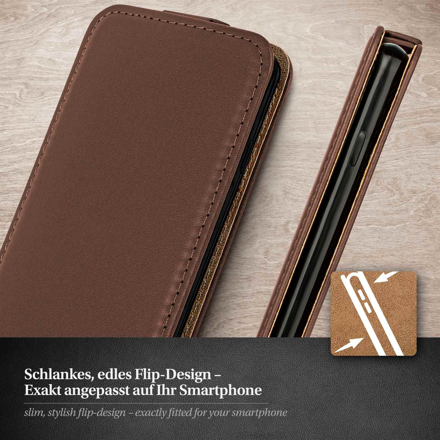 Eine braune Handyhülle, offen gezeigt. Text im Bild: Schlankes, edles Flip-Design - Exakt angepasst auf Ihr Smartphone.