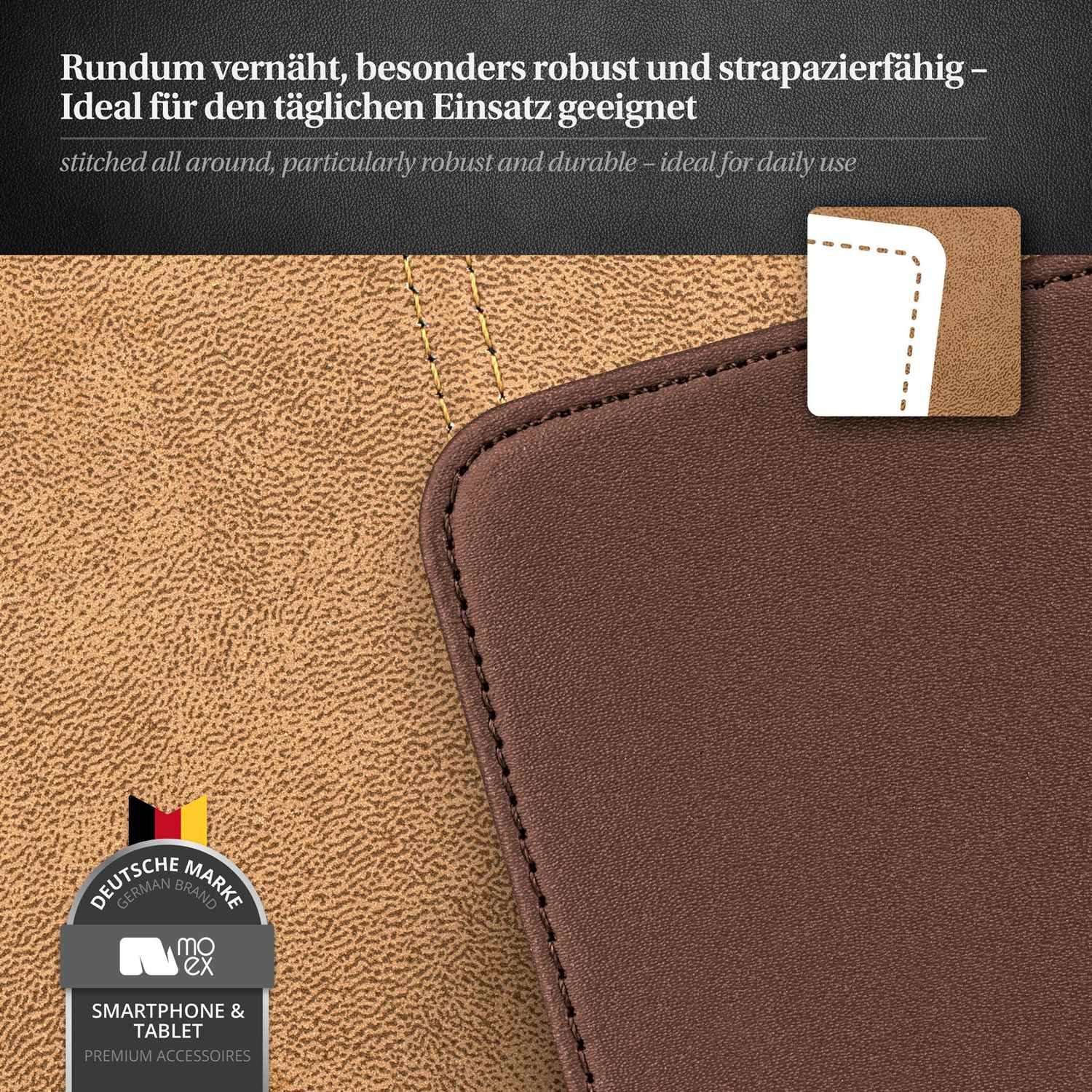 Nahaufnahme einer braunen Leder-Handyhülle und eines hellbraunen Leder-Hintergrunds.