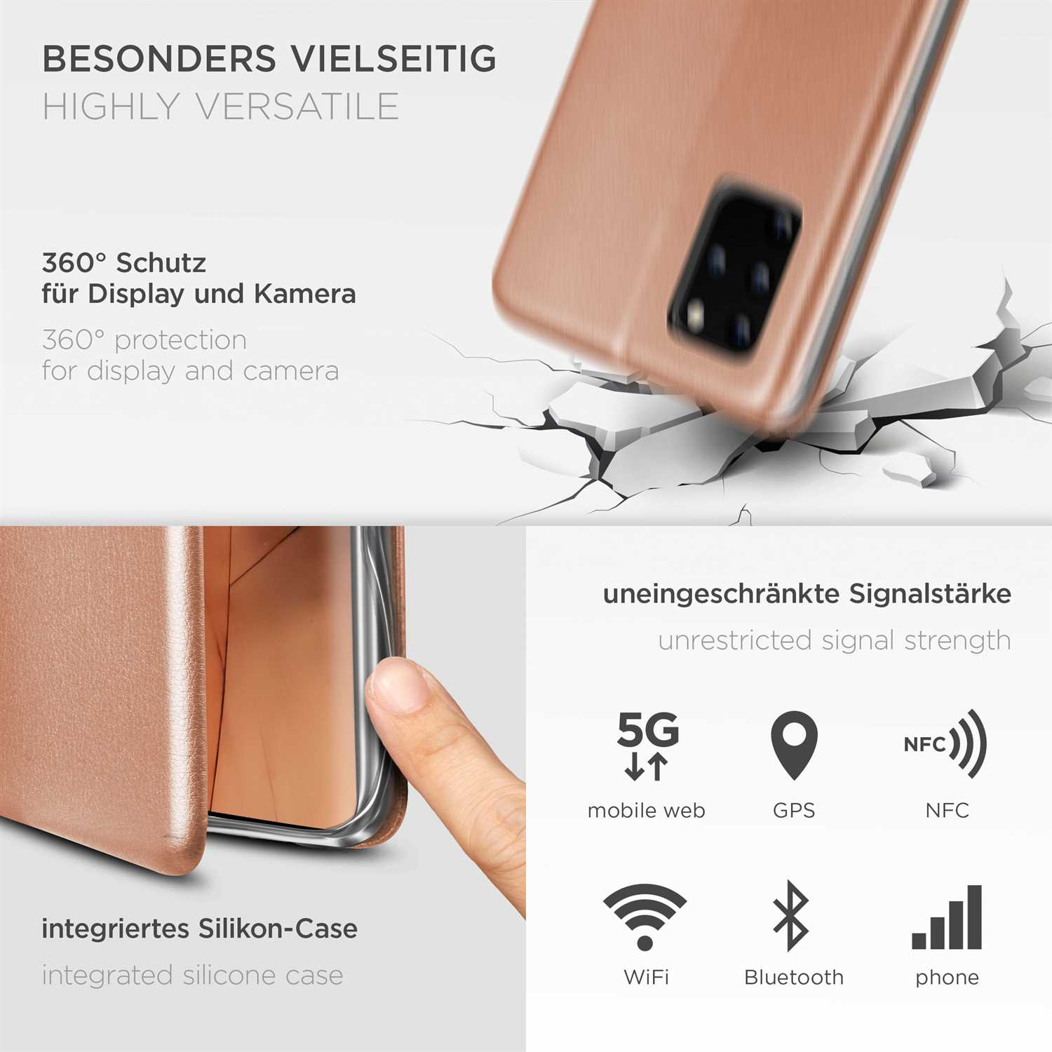 Roségoldene Handyhülle mit Text über Funktionen, 360°-Schutz und kabelloses Laden.