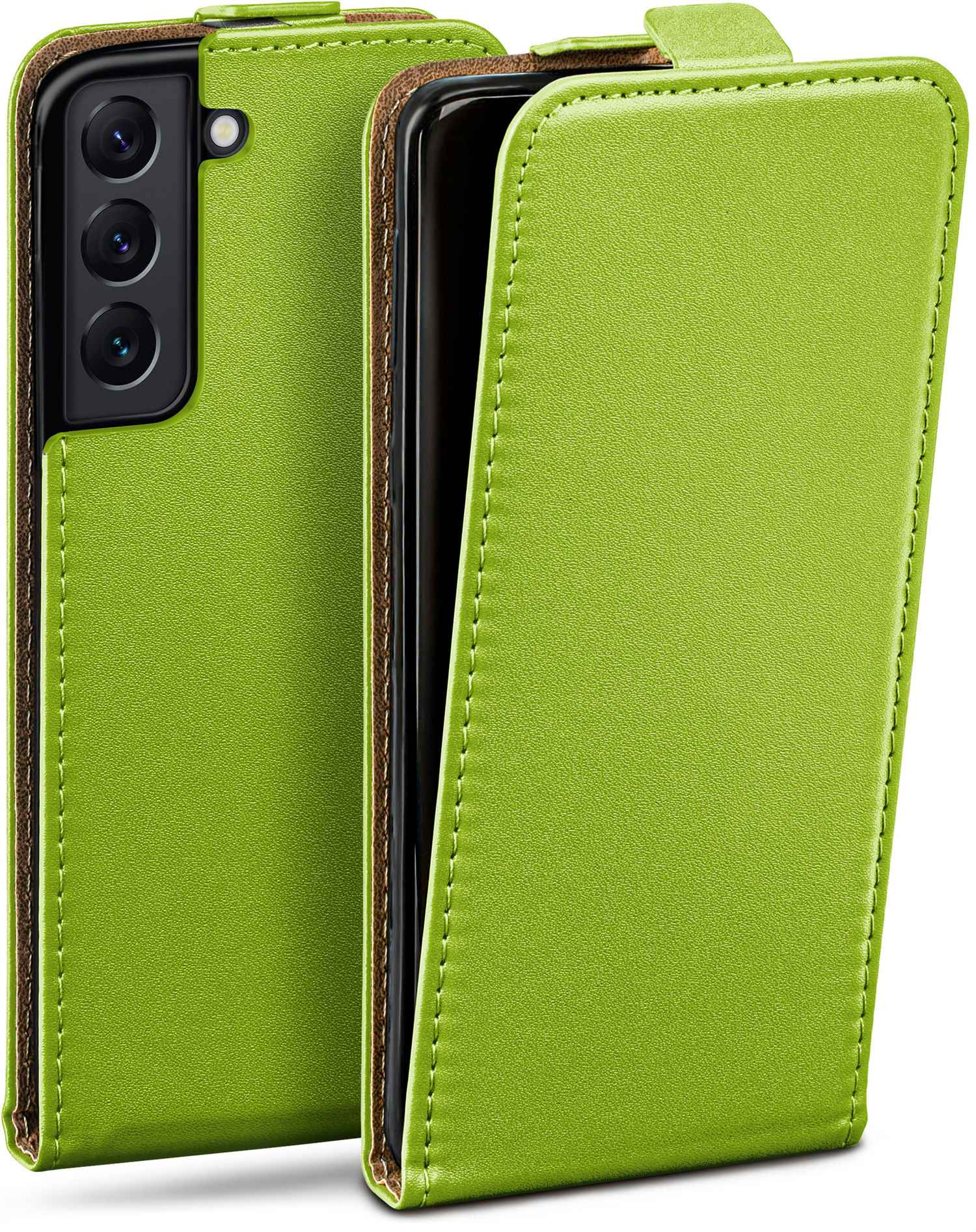 Grüne Leder-Handyhülle. Das Telefon ist darin. Hülle offen. Braunes Futter.