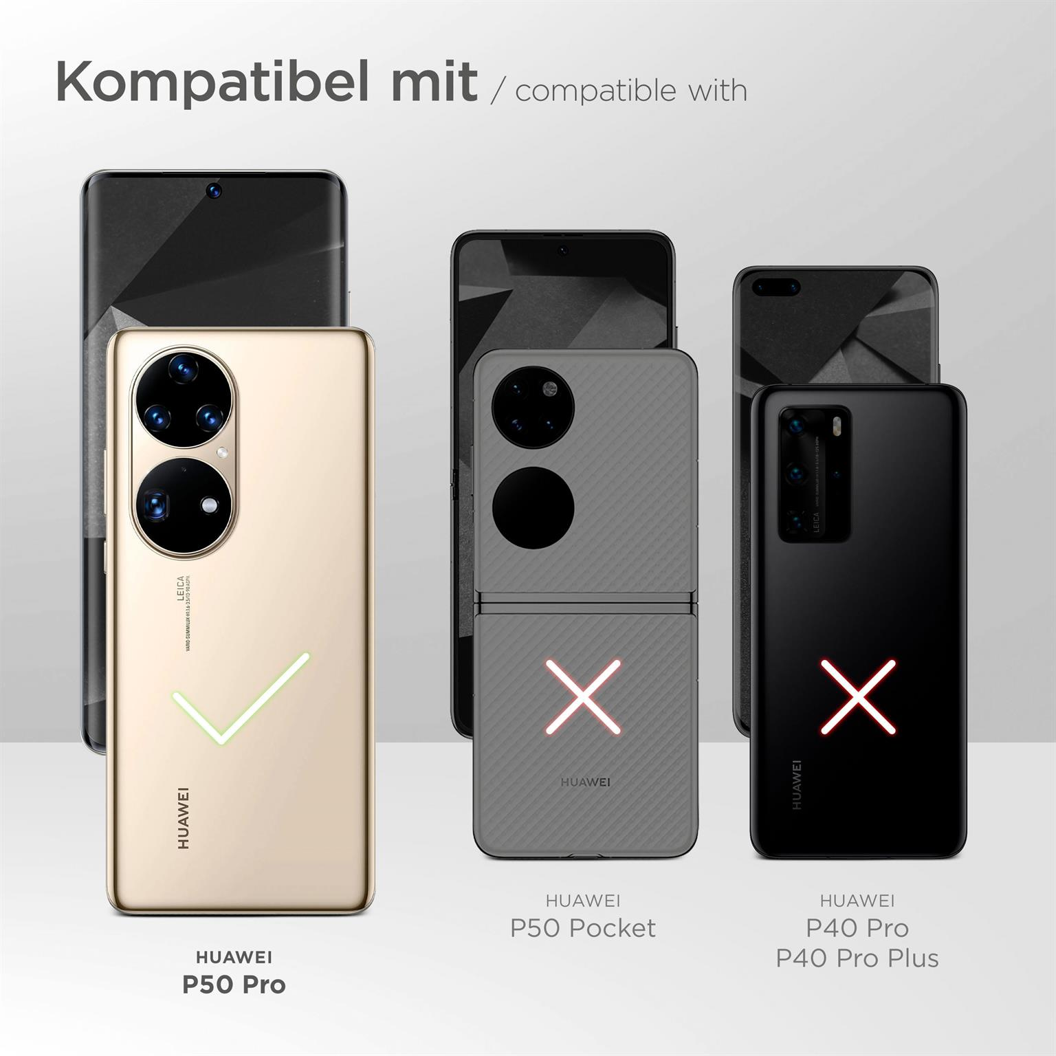 Bild zeigt Kompatibilität mit Huawei-Telefonen. Ein goldenes Telefon ist kompatibel, zwei andere nicht.
