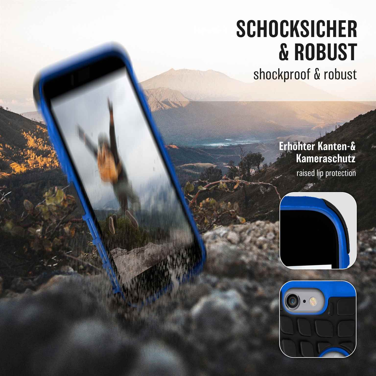 Blaue Handyhülle mit Berglandschaft. Text: stoßfest & robust, erhöhter Kantenschutz.