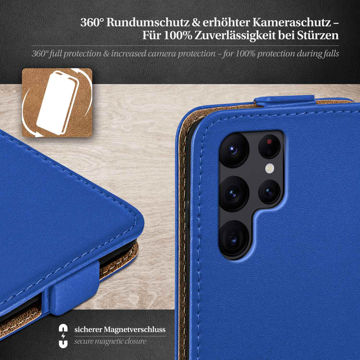 Blaue Handyhülle mit Lederstruktur, offen und geschlossen, mit Text zu Schutz und Magnetverschluss.