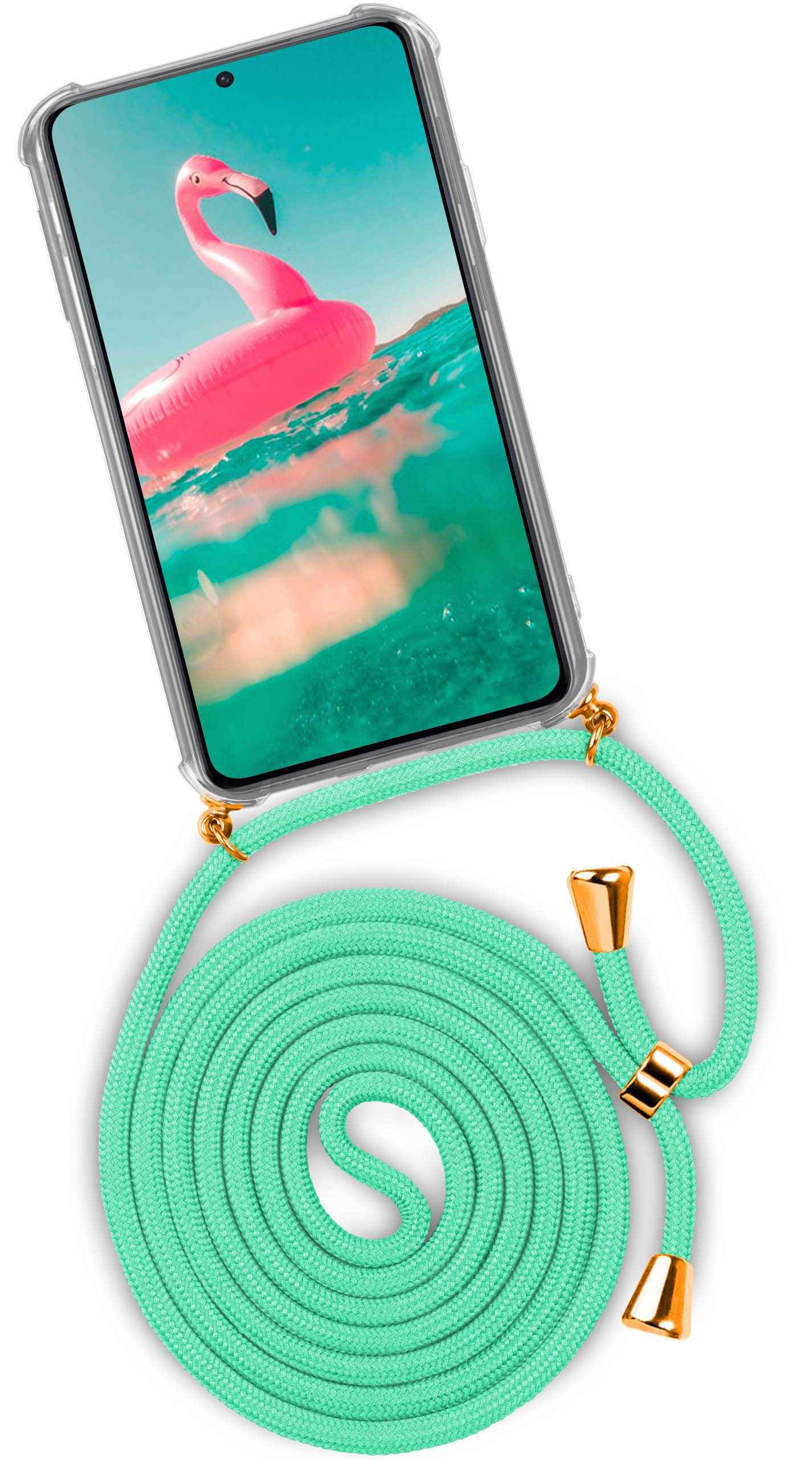 Telefon mit Flamingo-Bild, befestigt an einem grünen Kabel. Das Kabel ist aufgerollt und hat goldene Akzente.