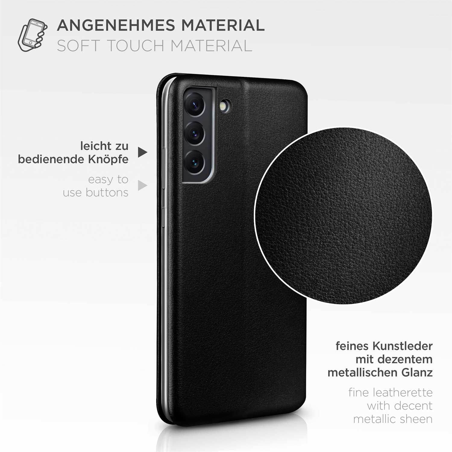 Schwarze Handyhülle mit Handy, Nahaufnahme der Ledertruktur, Knöpfe.