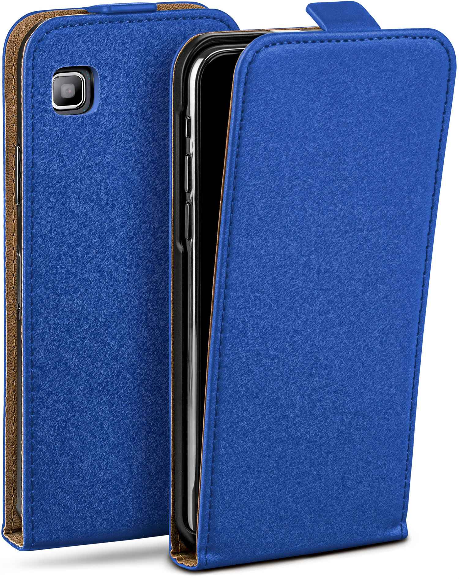 Blaue Handyhülle geöffnet. Telefon ist innen. Brauner und blauer Hintergrund.