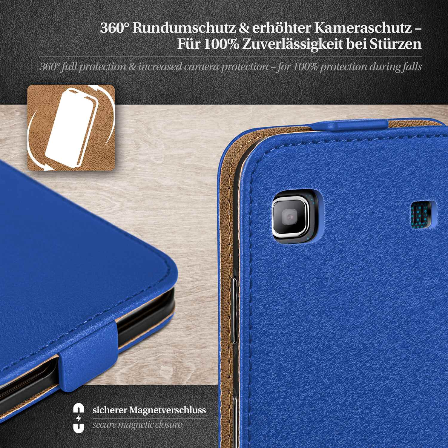 Eine blaue Handyhülle mit dem Text '360° full protection & increased camera protection'.