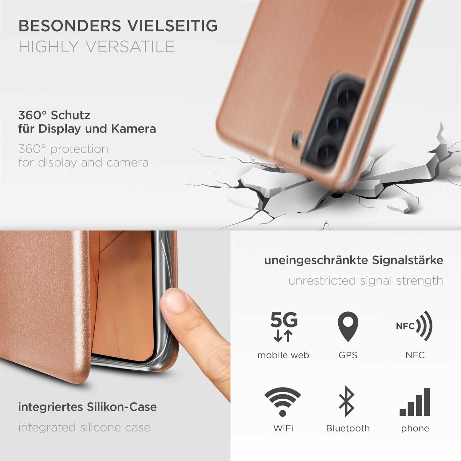 Handyhülle mit einem Telefon, das hineingelegt wird. Text und Symbole zu Telefonfunktionen.