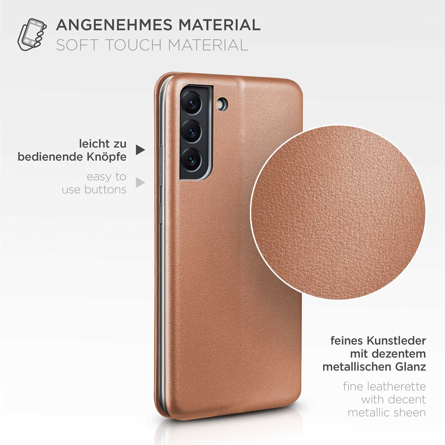 Nahaufnahme einer braunen Handyhülle mit detaillierter Textur und Lupeneffekt.