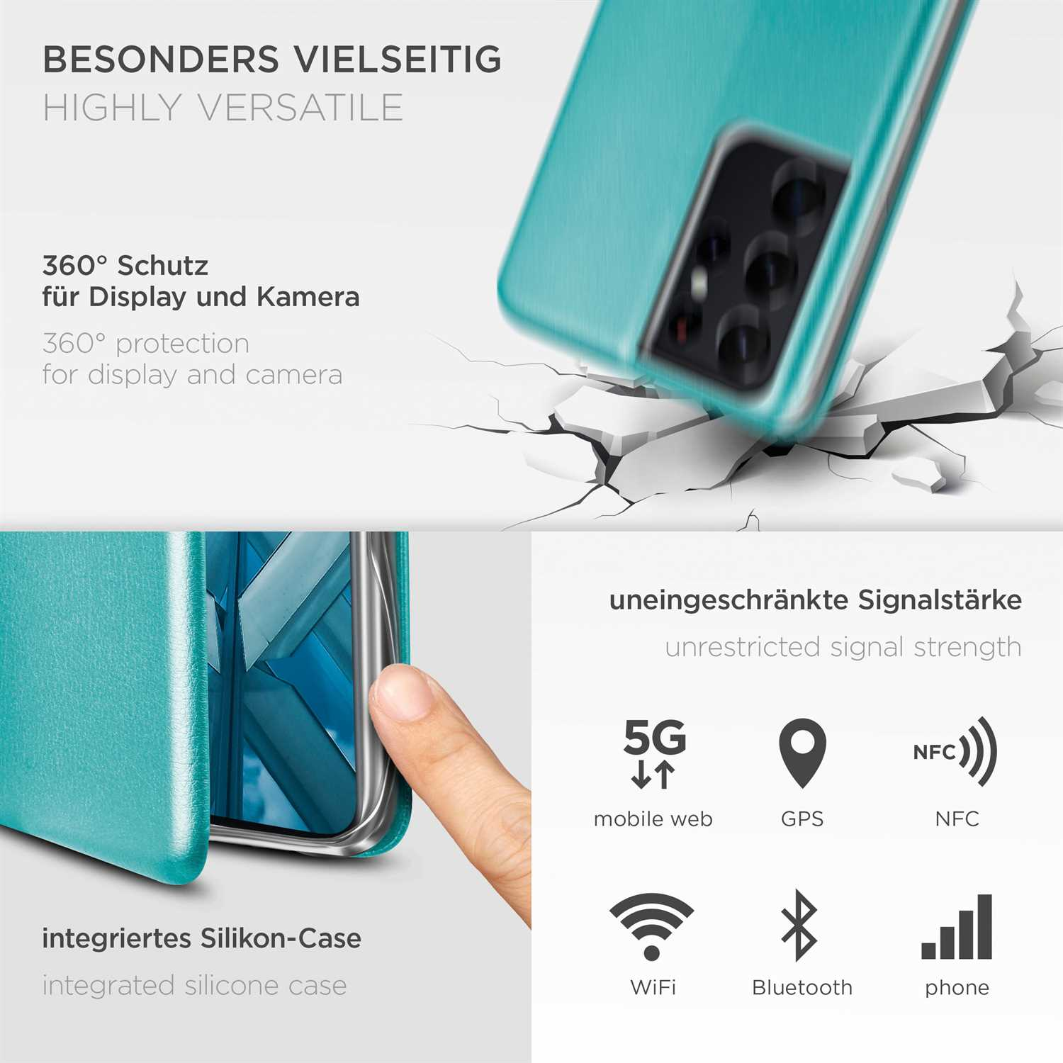 Eine Handyhülle mit tealfarbenem Bezug, mit Funktionen: 360°-Schutz, 5G, GPS, NFC, WLAN, Bluetooth und Telefon.