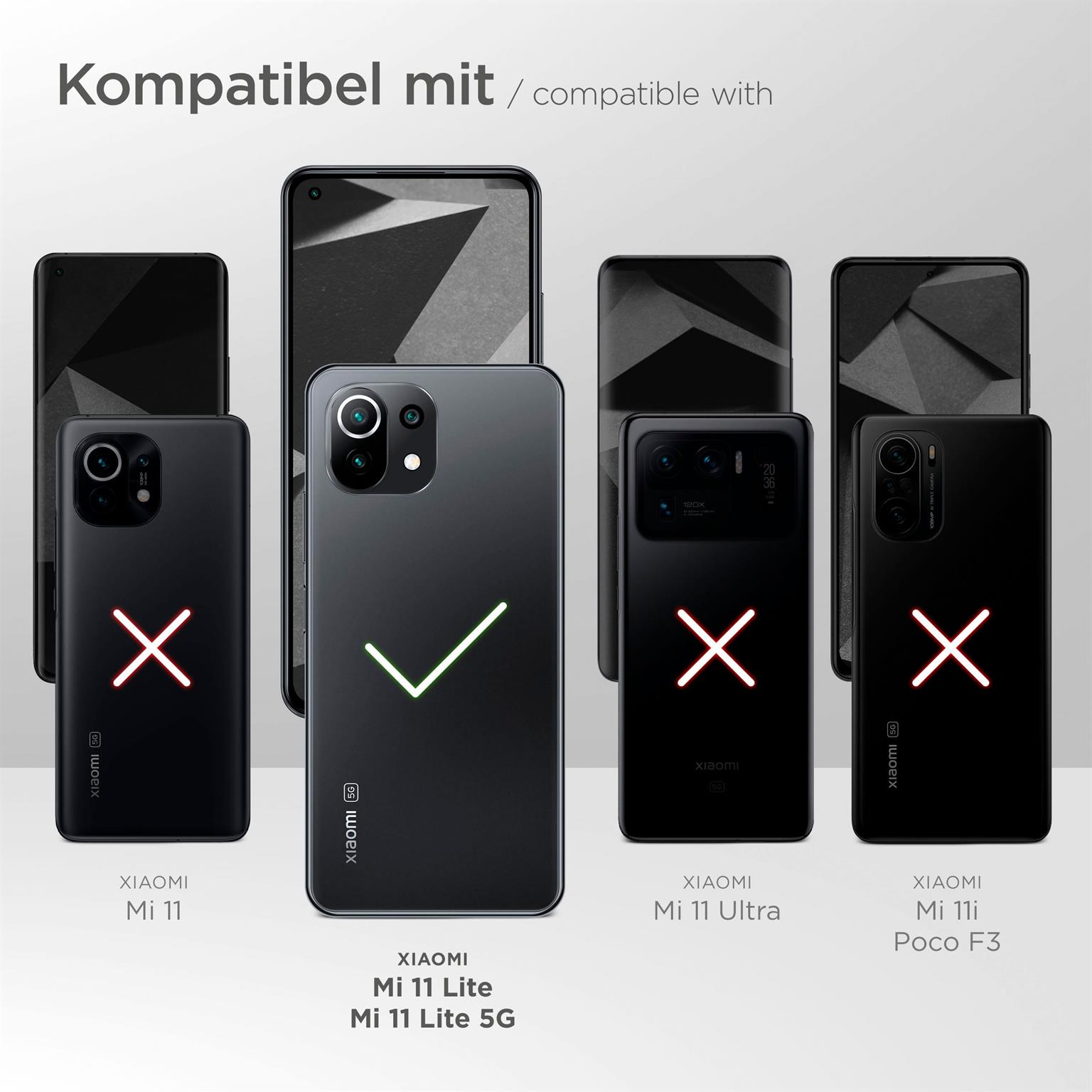 Smartphones mit Häkchen und Kreuzen, kompatibel mit Xiaomi Mi 11 Lite 5G.