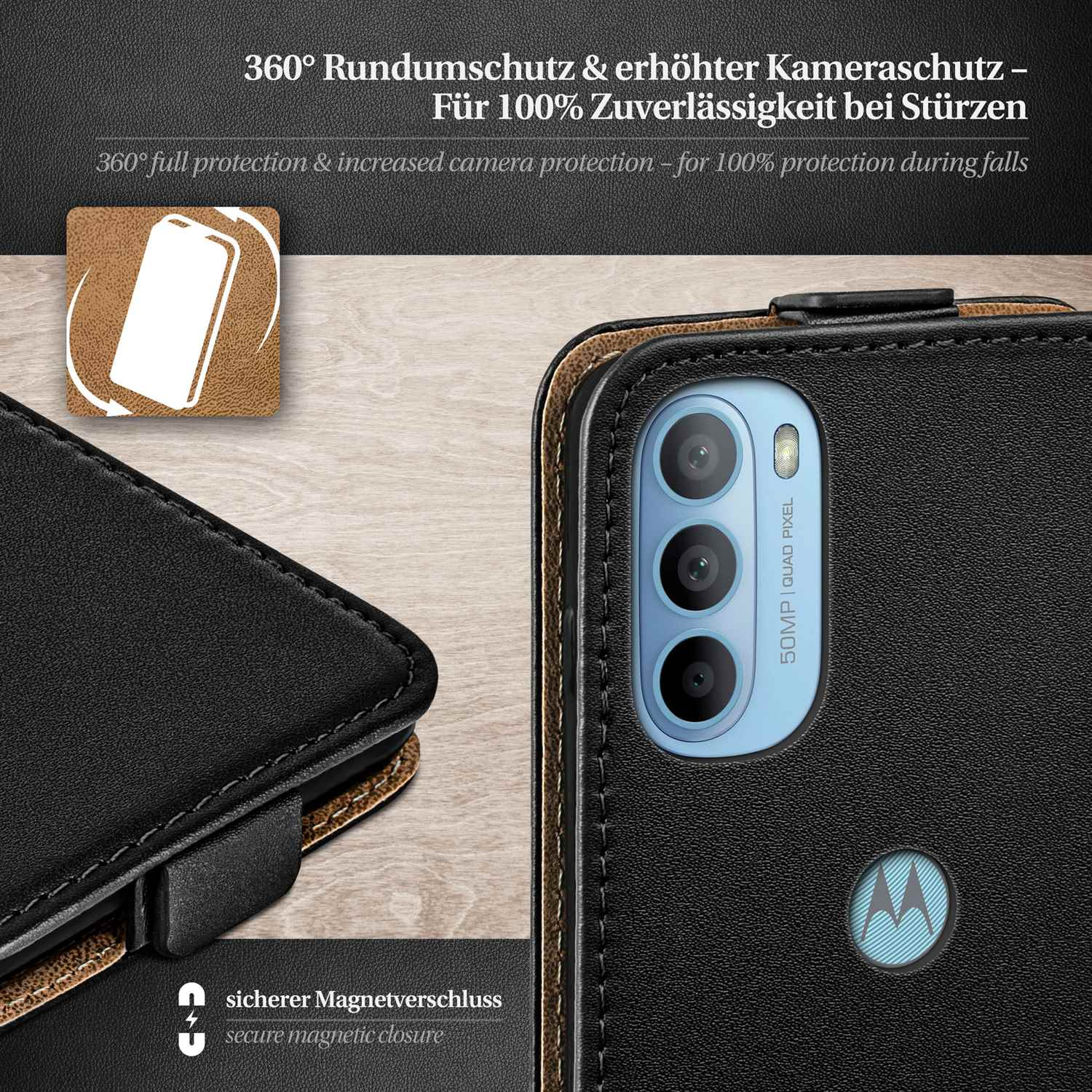 Schwarze Handyhülle mit Telefon darin. Text: '360° Rundumschutz & erhöhter Kameraschutz'.