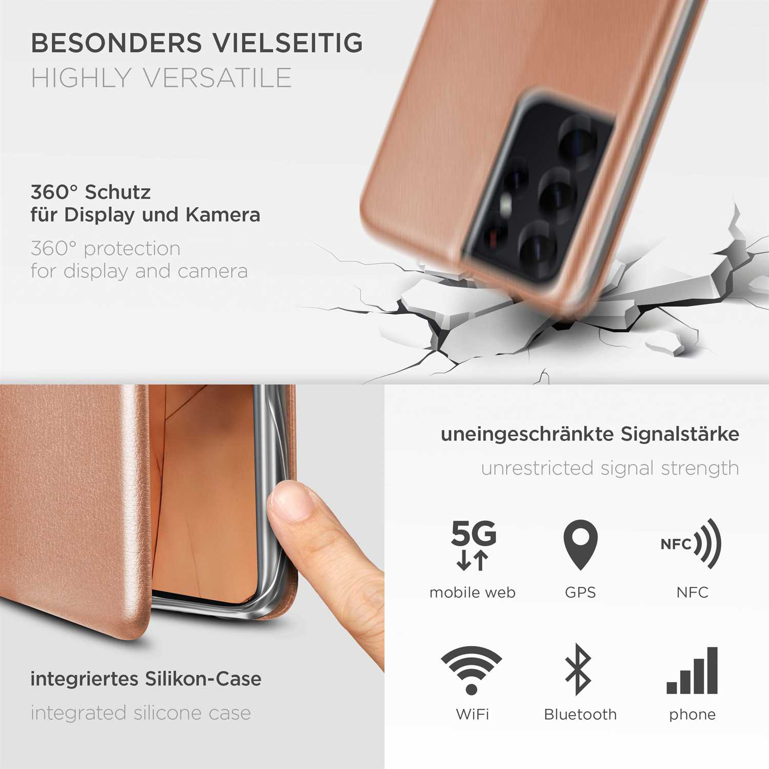 Ein fallendes Handy, das einen Riss im Bildschirm und eine integrierte Silikonhülle zeigt. Text über Signalstärke.