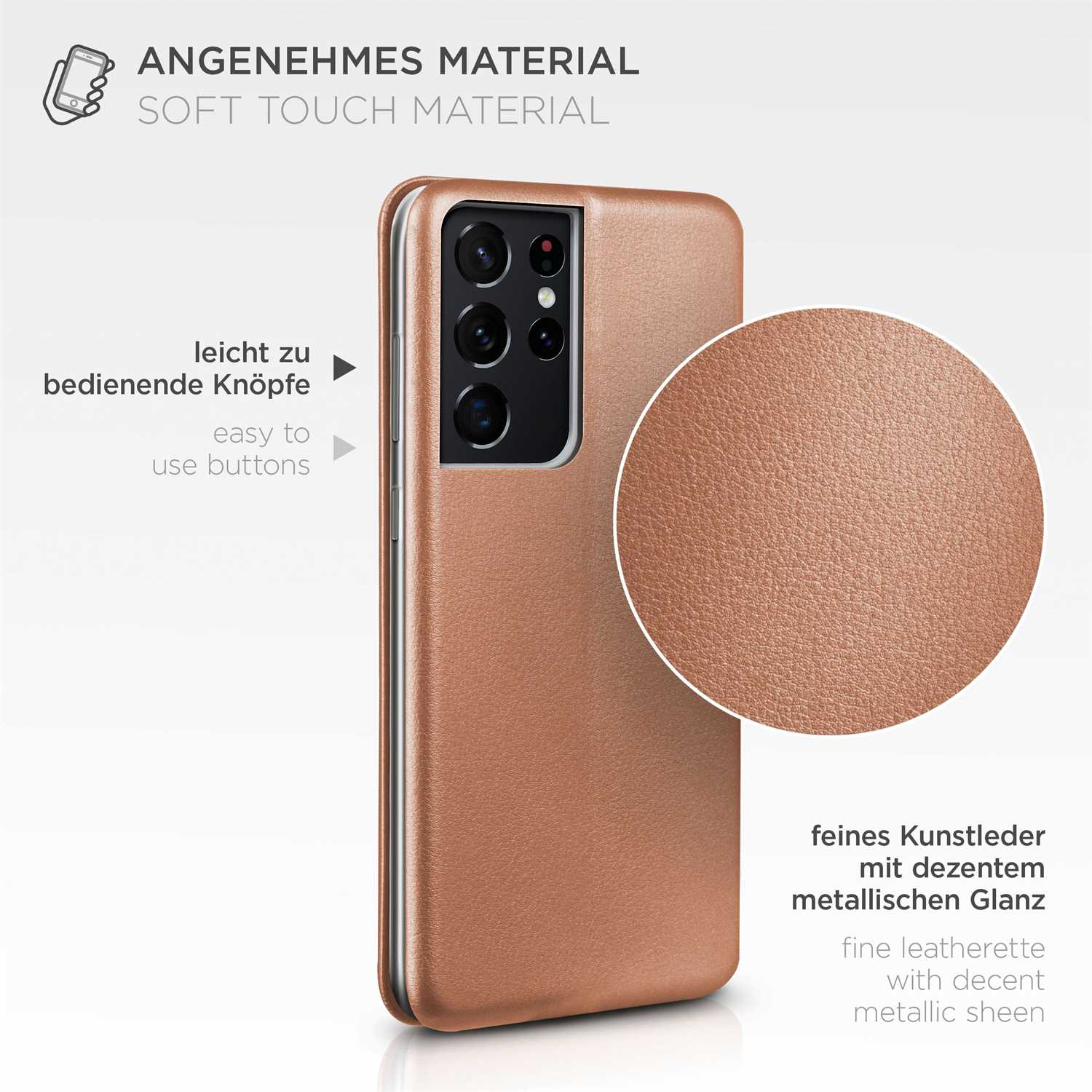 Bronzefarbene Handyhülle mit Telefon. Nahaufnahme des Gehäusematerials.