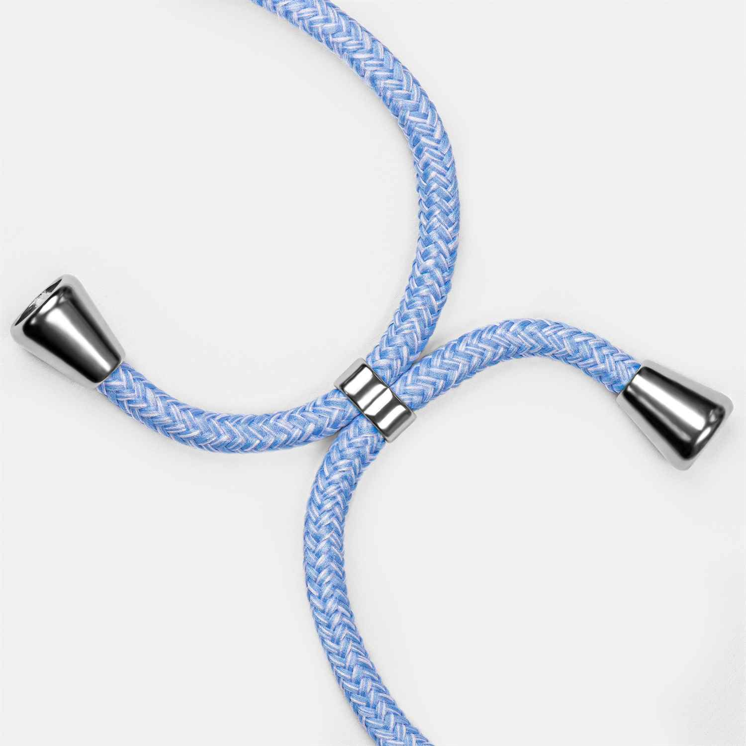 Blau geflochtenes Handy-Lanyard mit metallischen Enden. Das Lanyard vor weißem Hintergrund.