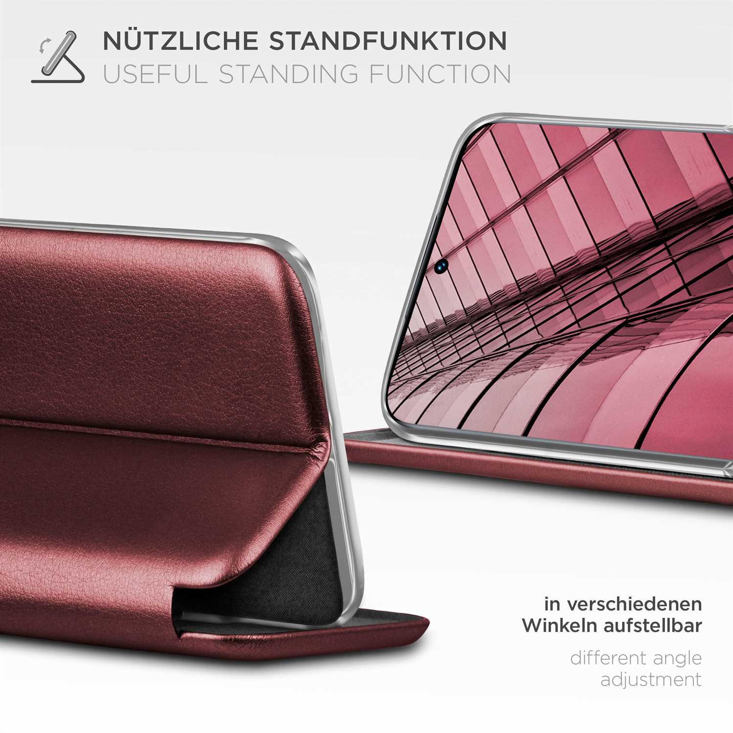 Rote Handyhülle geöffnet, um das Telefon zu zeigen. Hintergrund zeigt ein Gebäudeinnere.