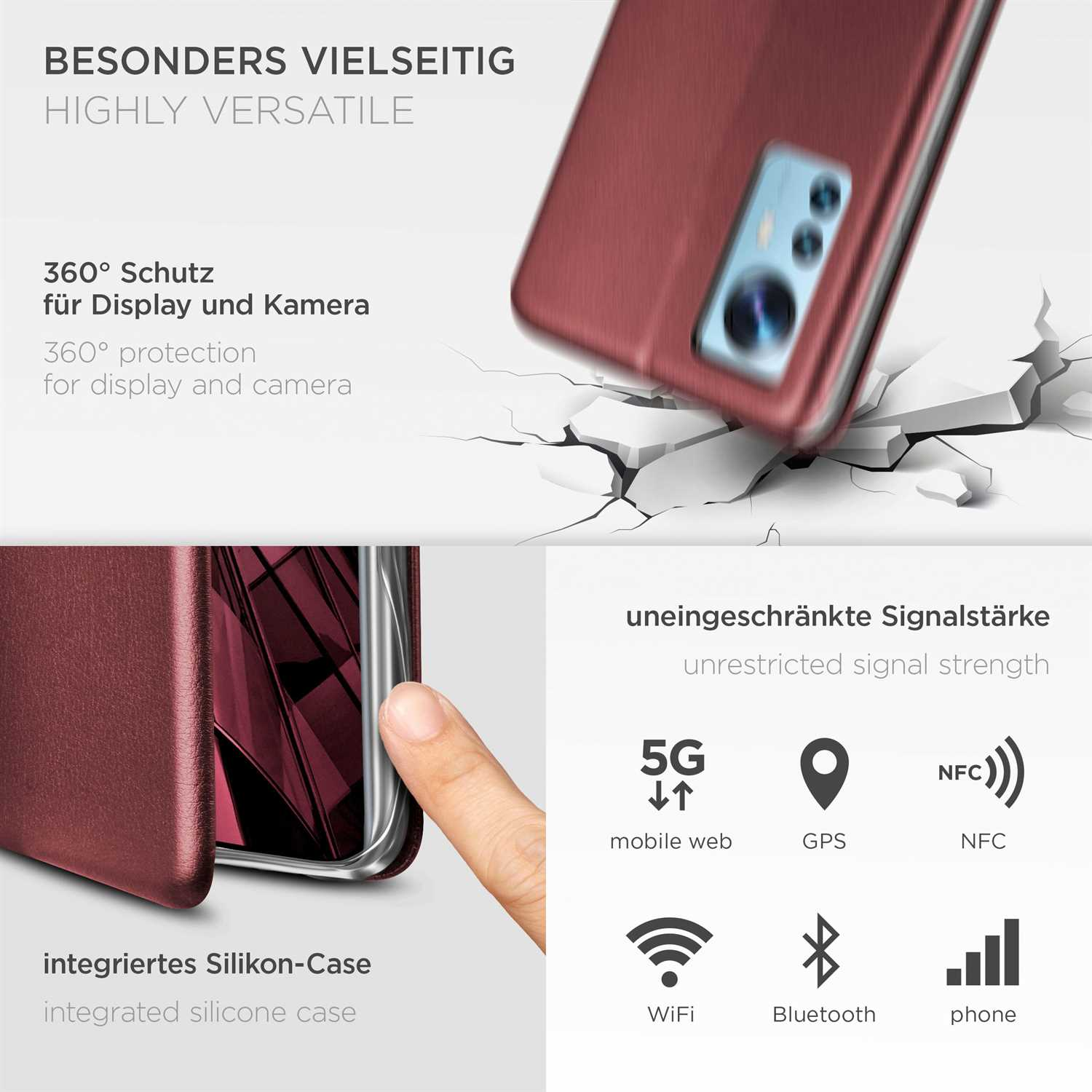 Rote Handyhülle mit Text. Sie zeigt die Funktionen wie 360° Schutz und 5G.