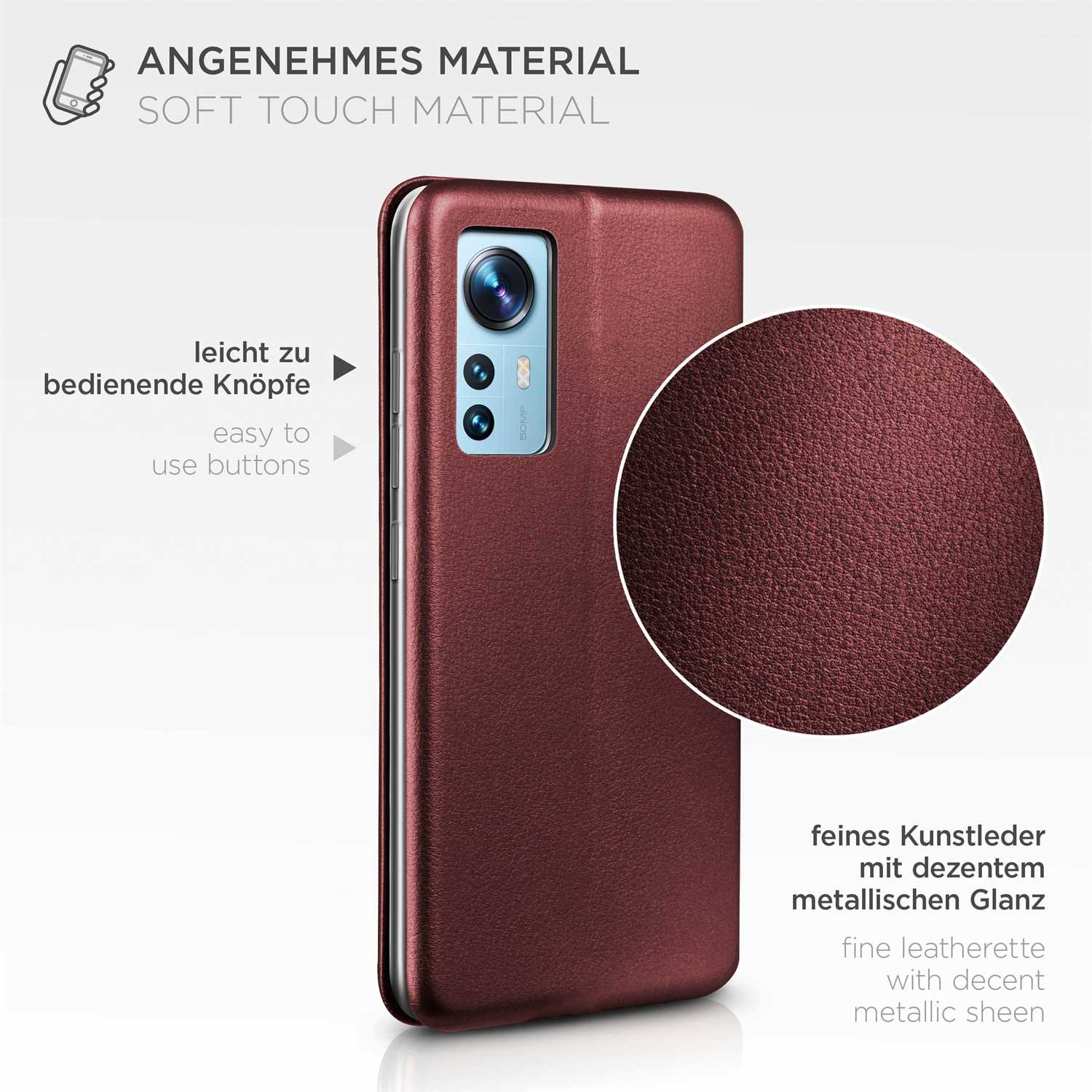 Nahaufnahme einer Handyhülle. Sie hat eine weinrote, lederartige Oberfläche mit metallischem Glanz.