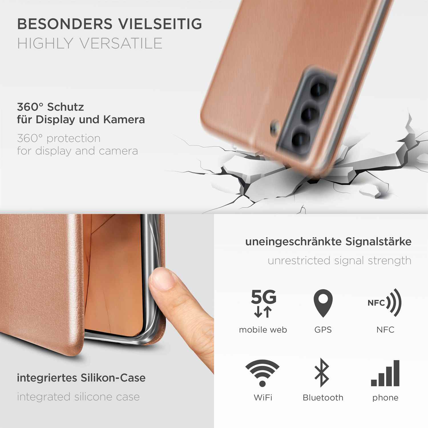 Handyhülle Detail mit Text. Zeigt 5G, GPS, NFC, WiFi, Bluetooth und Telefonsignalstärke.