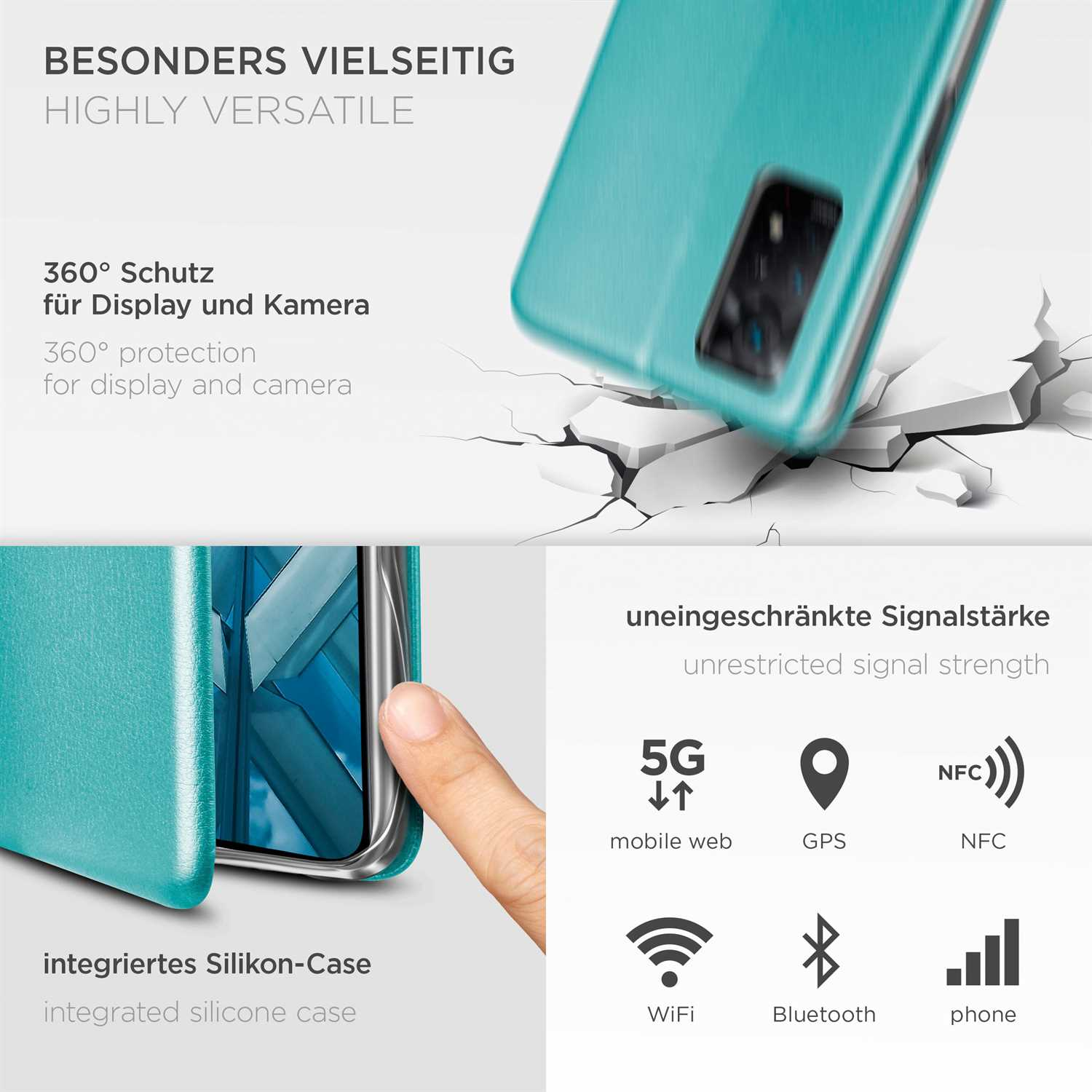 Handyhülle in Türkis. Weißer Text im Hintergrund. Symbole für 5G, GPS, NFC, WLAN, Bluetooth und Signal.