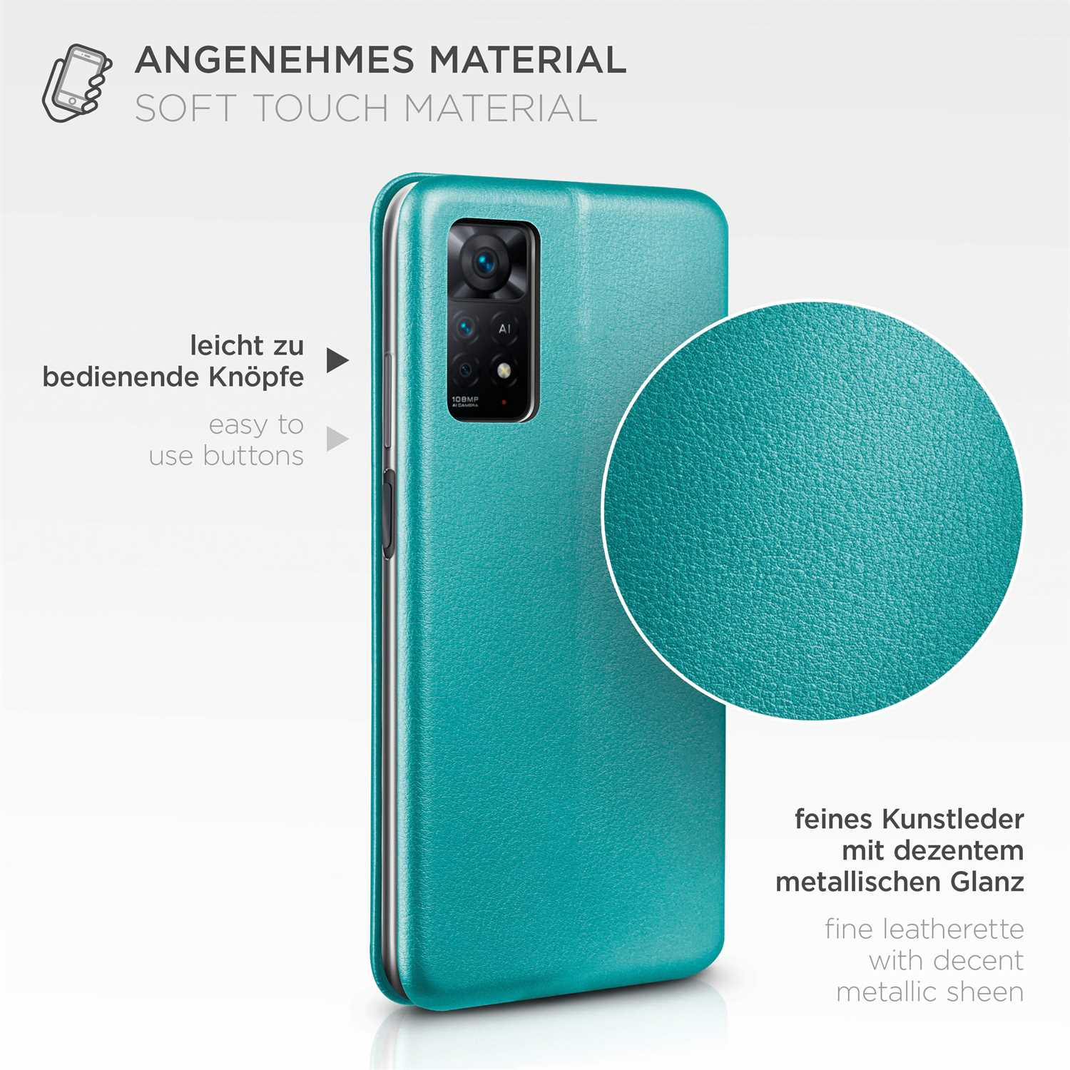 Türkisfarbene Handyhülle mit Soft-Touch-Material und metallischem Glanz, Text auf Deutsch.