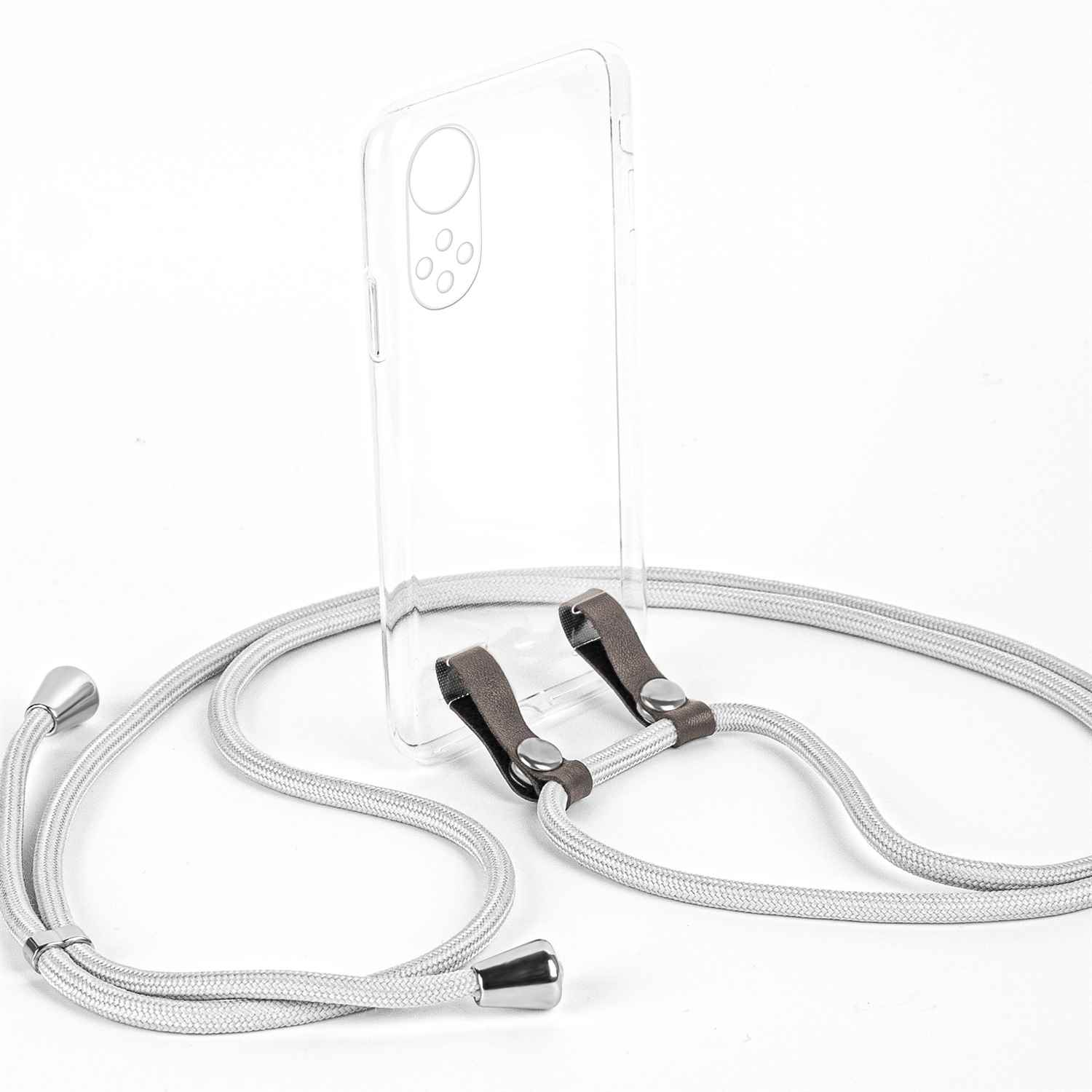 Transparente Handyhülle mit silbernem geflochtenem Lanyard befestigt.