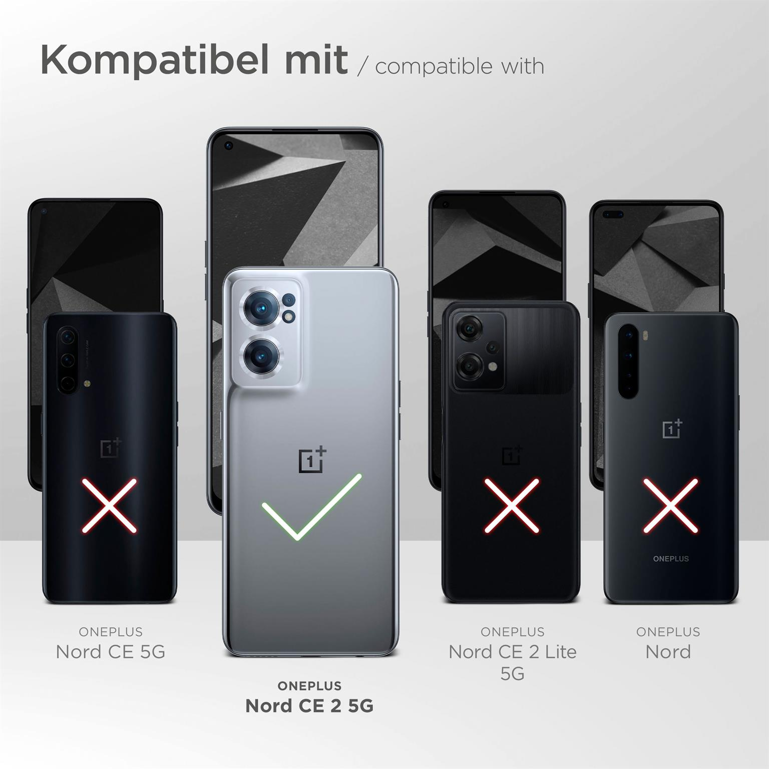 Bild zeigt mehrere Telefone. OnePlus Nord CE 2 5G ist kompatibel. Andere sind es nicht.