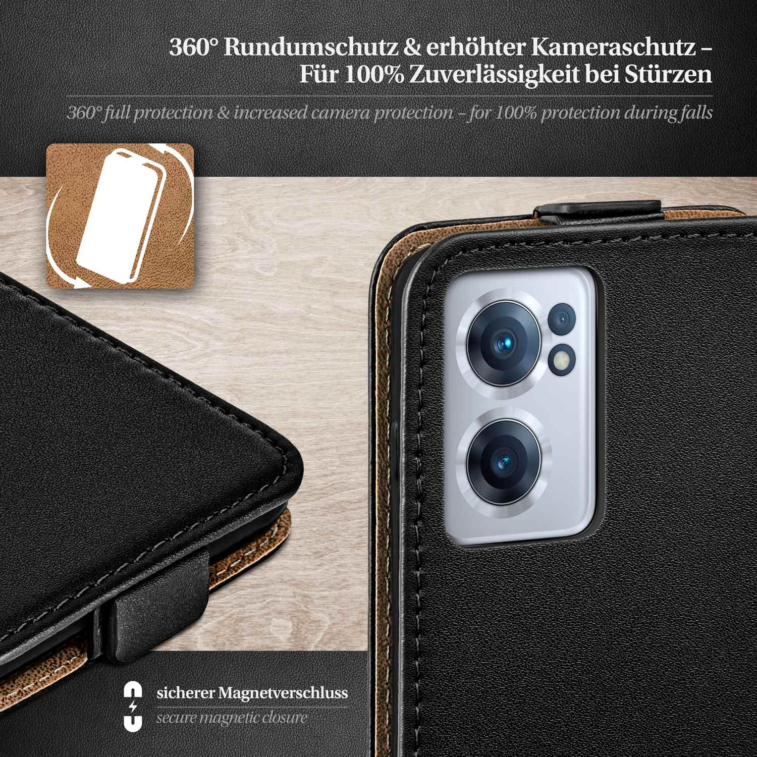Schwarze Handyhülle mit Text: 360° Rundumschutz und sicherer Magnetverschluss.
