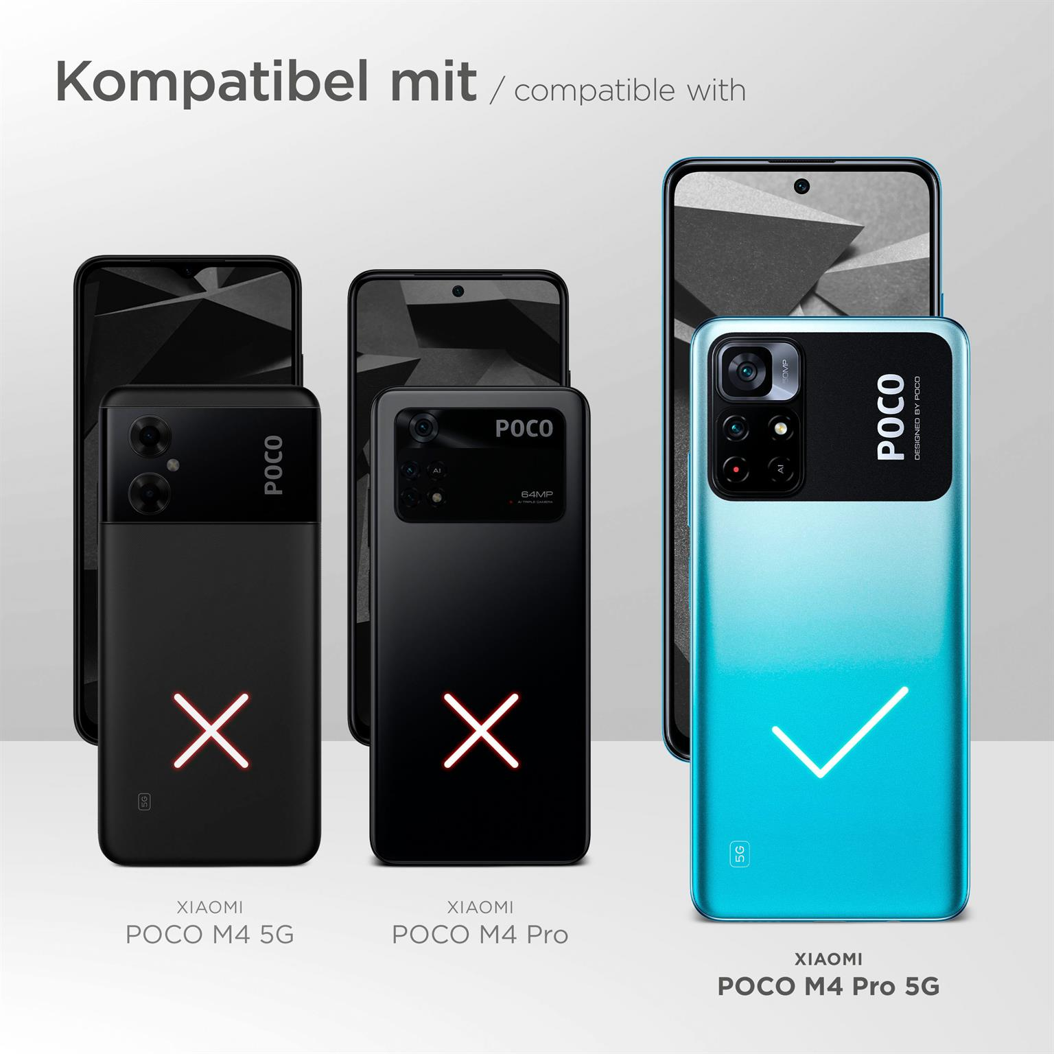 Drei Telefone nebeneinander, die die Telefonkompatibilität mit der Marke POCO zeigen.