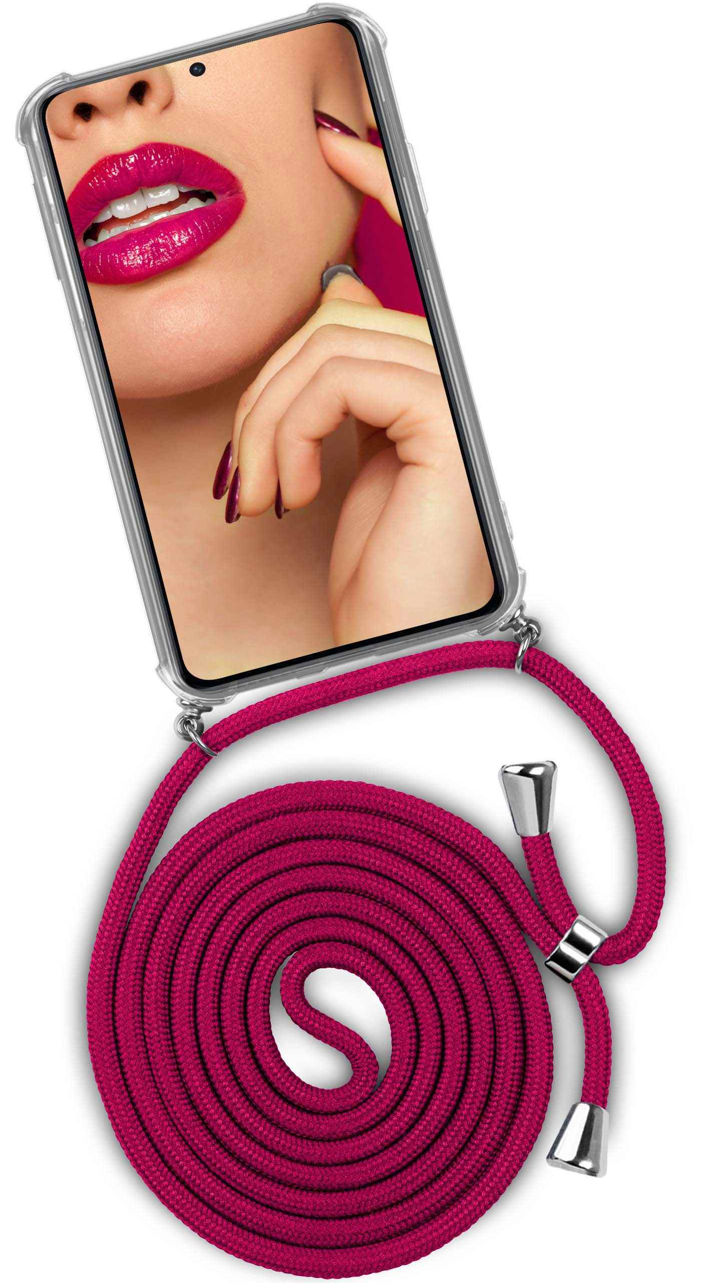 Telefon mit dem Bild von Frauenlippen, befestigt an einem magentafarbenen Seil.