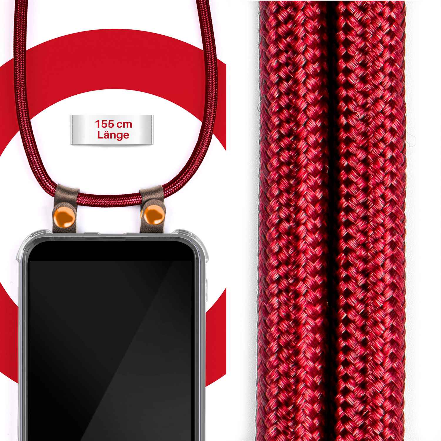Ein rotes Handy-Lanyard mit einem schwarzen Telefon, das seine Länge von 155 cm und einen rot-weißen Hintergrund zeigt.