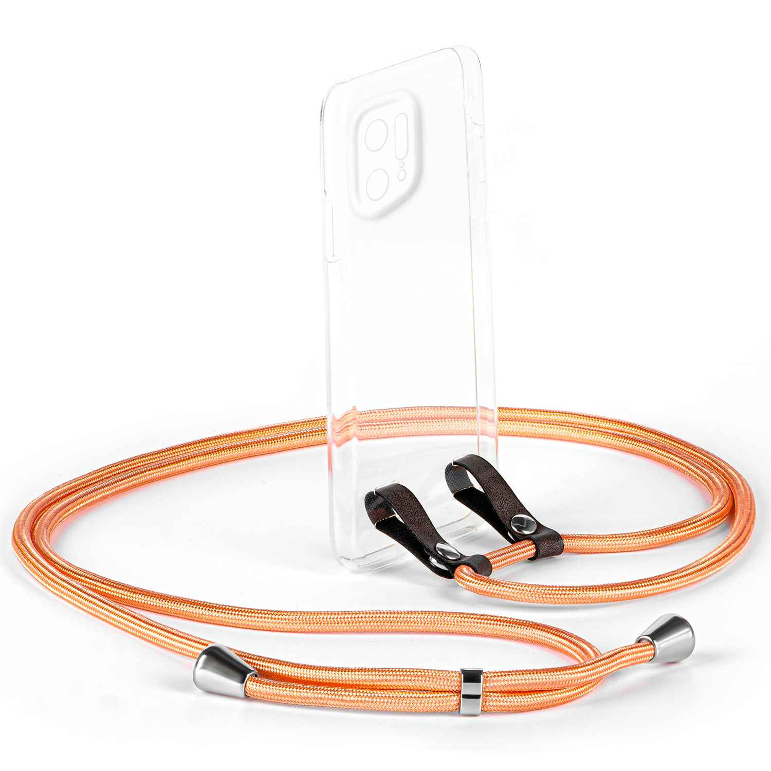 Transparente Handyhülle mit orangefarbenem Kabel. Die Hülle hat braune Lederclips. Silberne Akzente sind sichtbar.