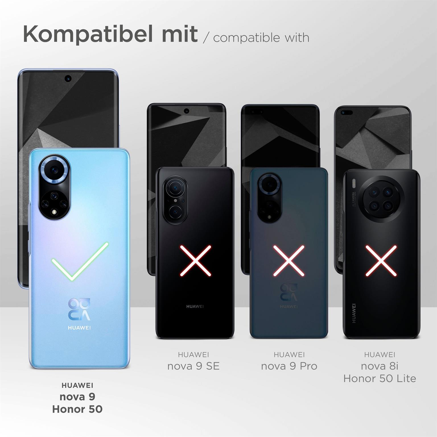 Telefone mit dem Text 'Huawei' und einem Häkchen oder einem X. Blaue, schwarze und türkisfarbene Telefone.