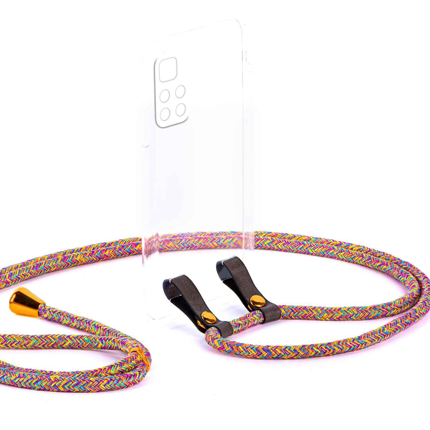Handyhülle mit bunter Kordel. Das Gehäuse ist klar mit mehrfarbig geflochtenem Kabel.