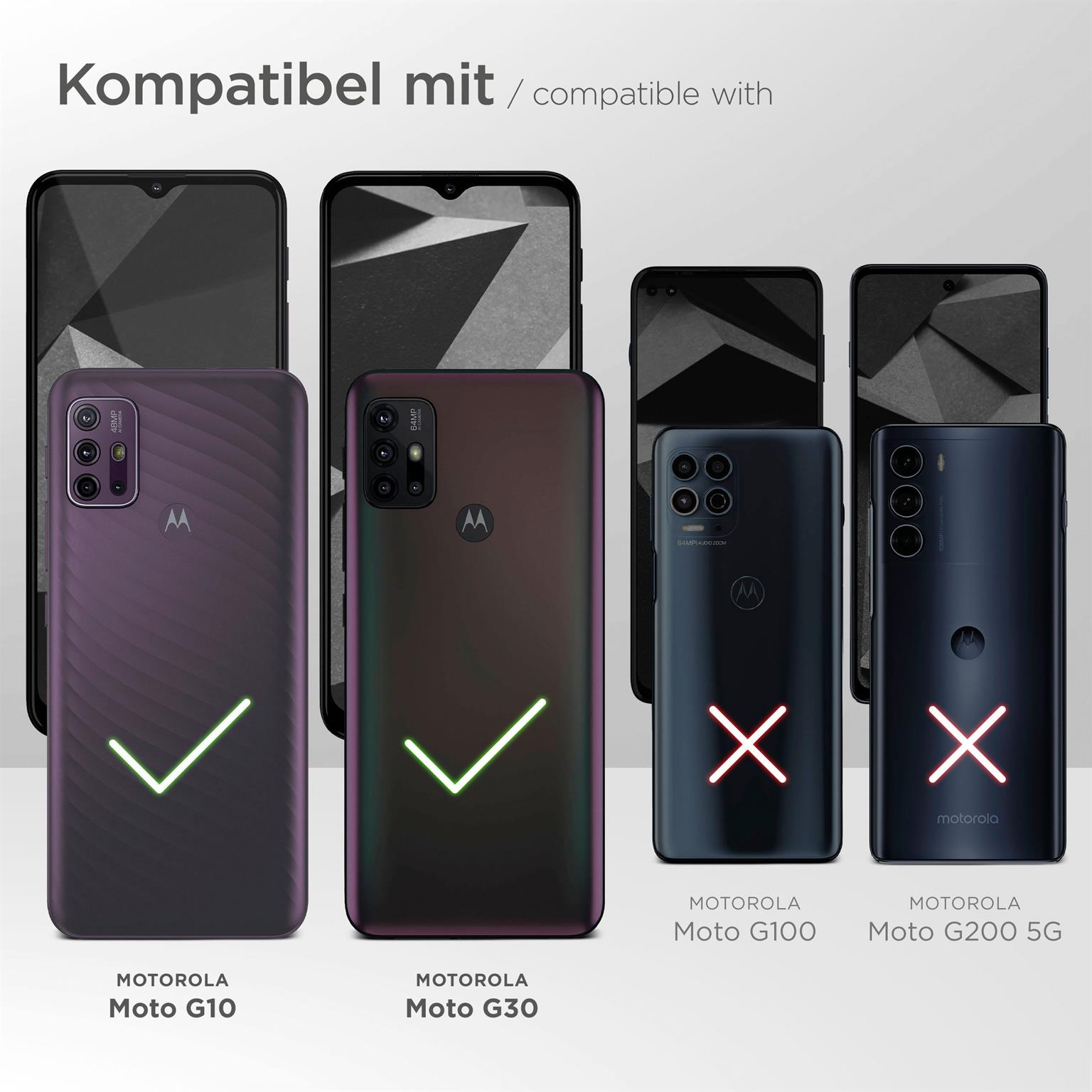 Telefone mit verschiedenen Modellen, die Kompatibilität zeigen. Motorola Moto G10 und G30 sind kompatibel.