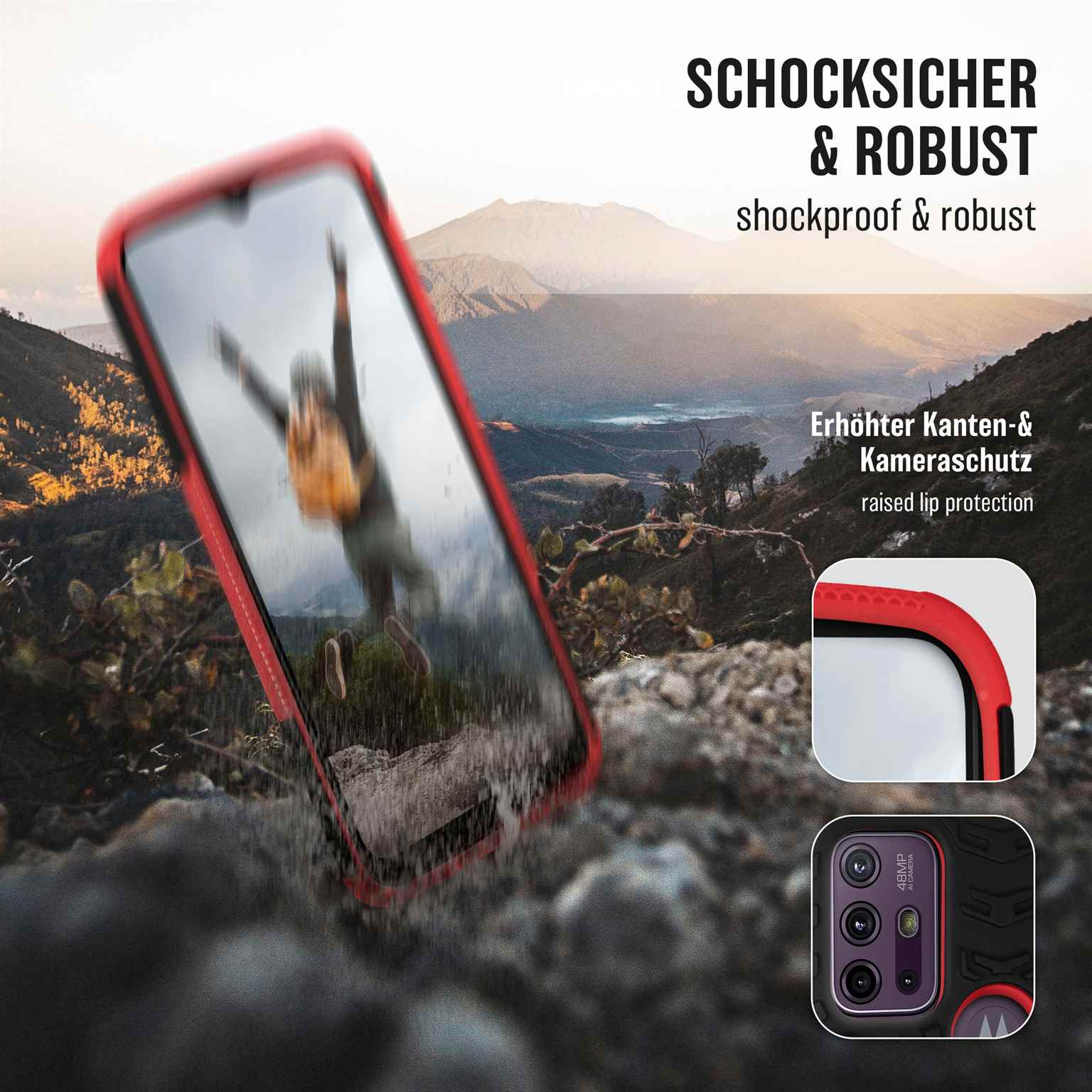 Eine Handyhülle mit rotem Rahmen. Die Hülle wird mit einer Berglandschaft gezeigt, als wäre das Telefon darin.