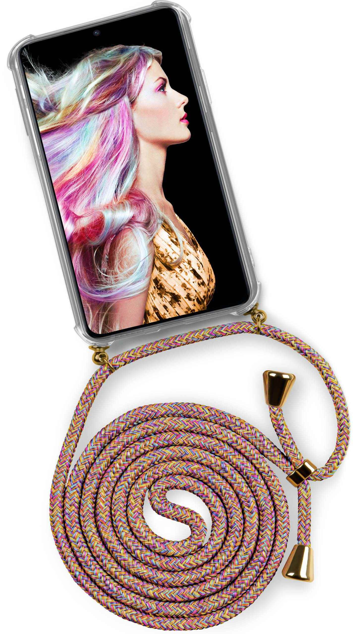 Telefon mit Frauenbild, rosa und gelbes Seil mit goldenen Enden.
