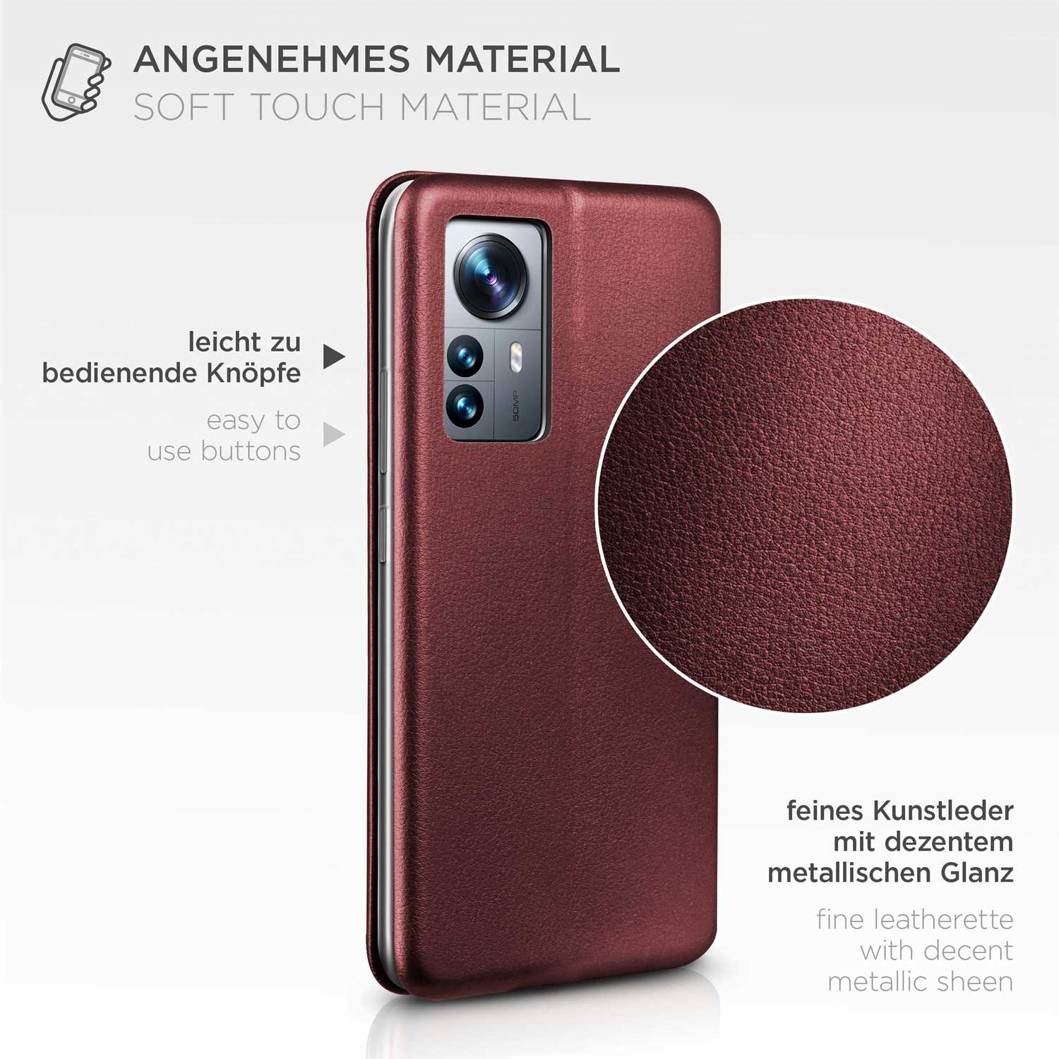 Nahaufnahme einer weinroten Handyhülle. Text: Soft-Touch-Material, feines Kunstleder mit metallischem Glanz.