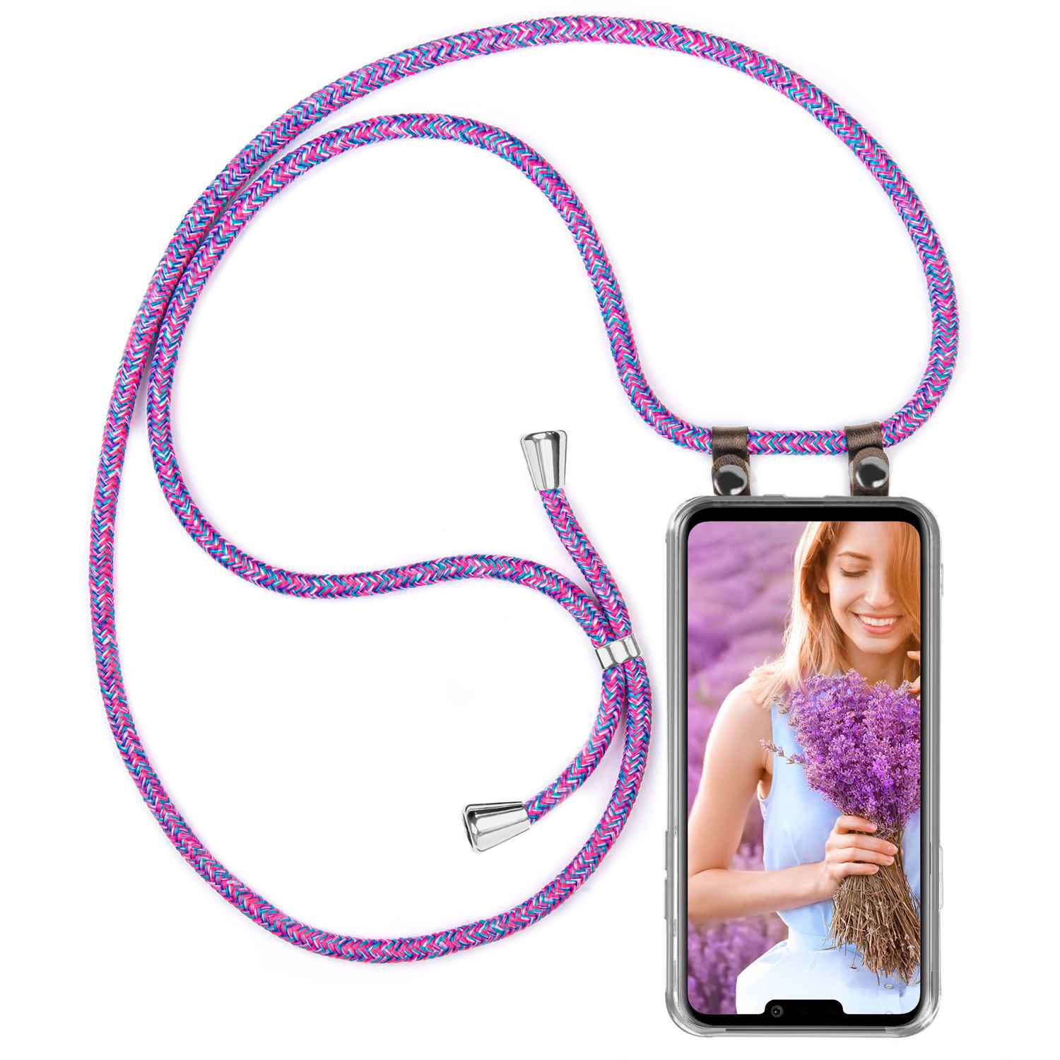 Telefon mit Frau & Lavendel, rosa-violette Kordel.