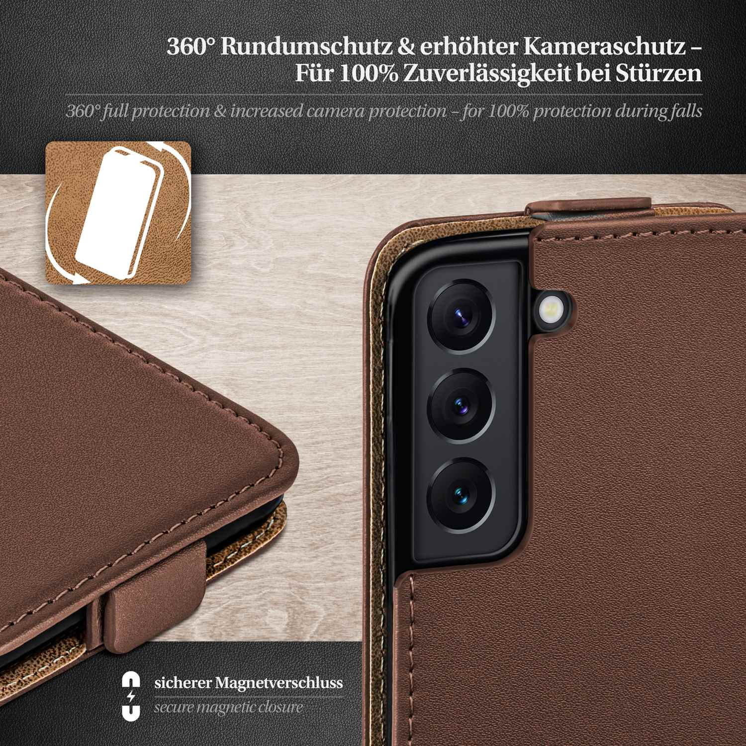 Nahaufnahme einer Handyhülle mit braunem Cover. Text sagt