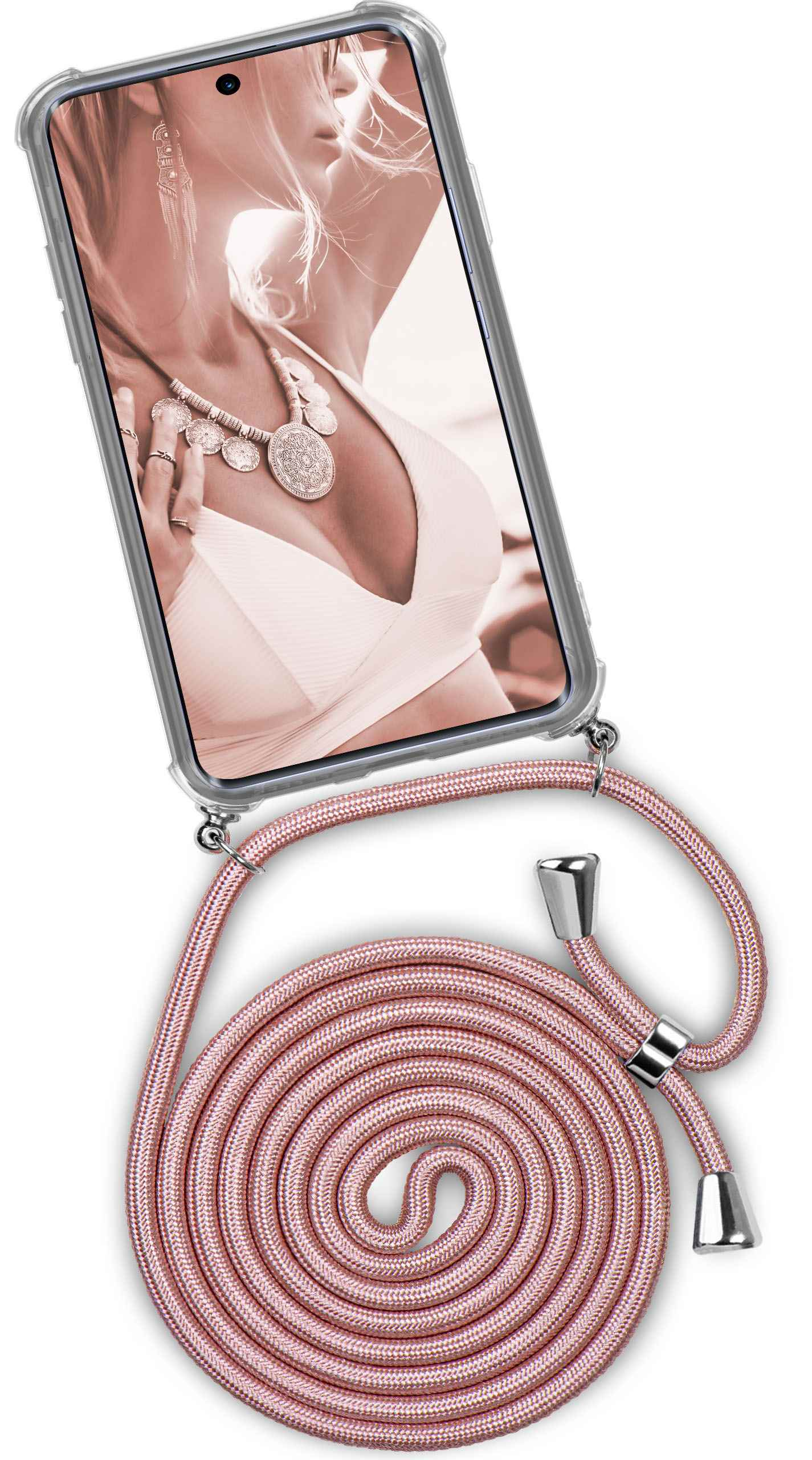 Telefon mit Foto einer Frau, rosa Umhängeband. Weißer Hintergrund.