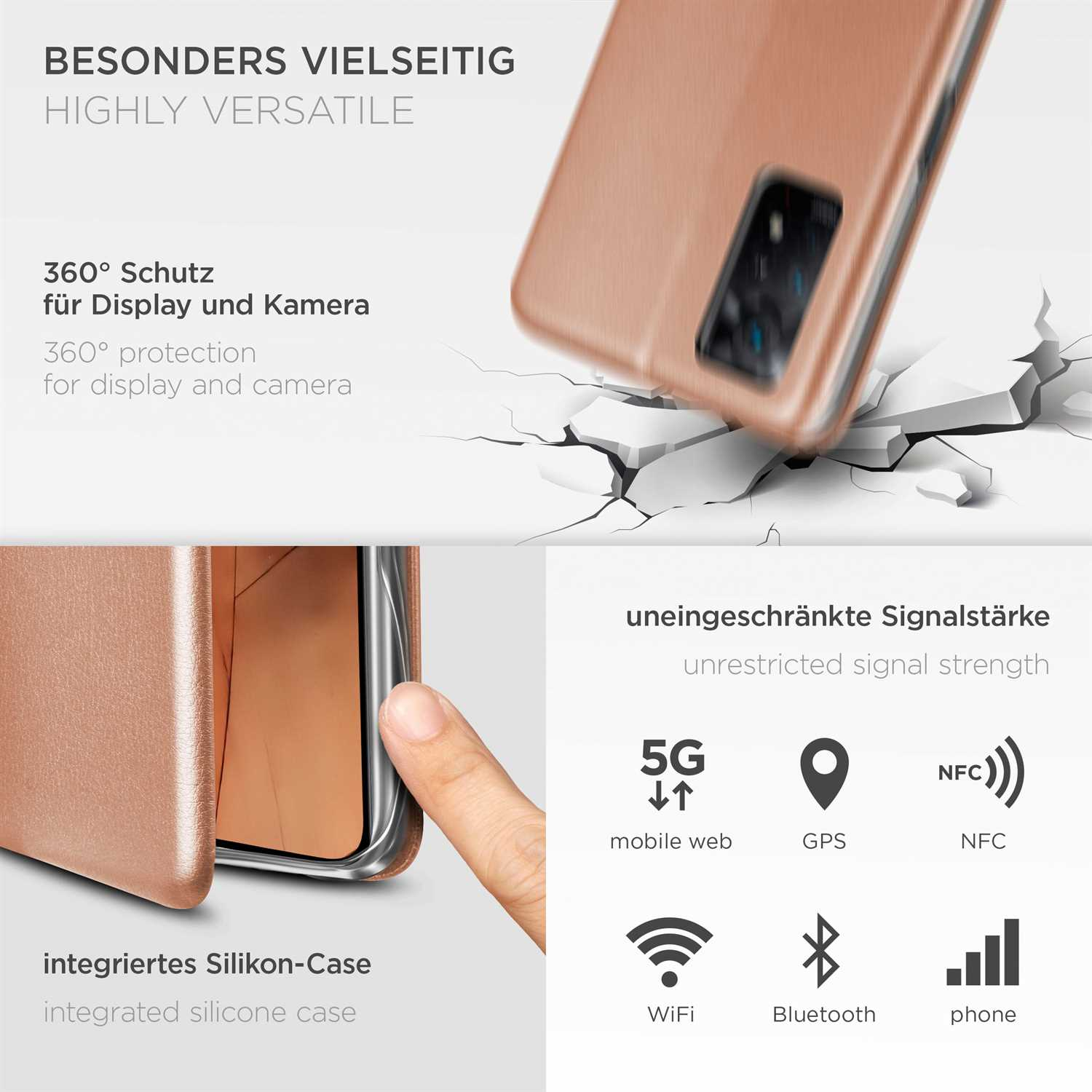 Telefonhülle mit Text: 'Sehr vielseitig.' Zeigt Telefon mit 5G, GPS, NFC, WLAN, Bluetooth, Telefon-Icons.