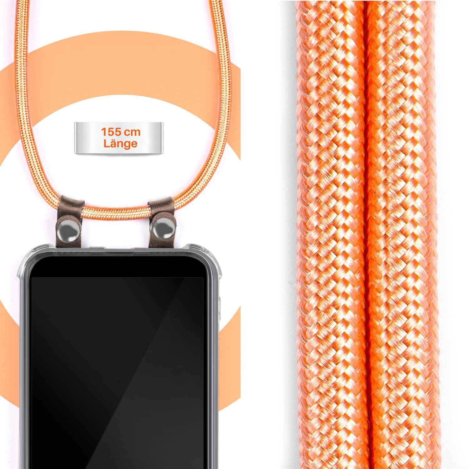 Nahaufnahme einer orangefarbenen Telefonkordel mit klarer Handyhülle. Weißer Hintergrund.