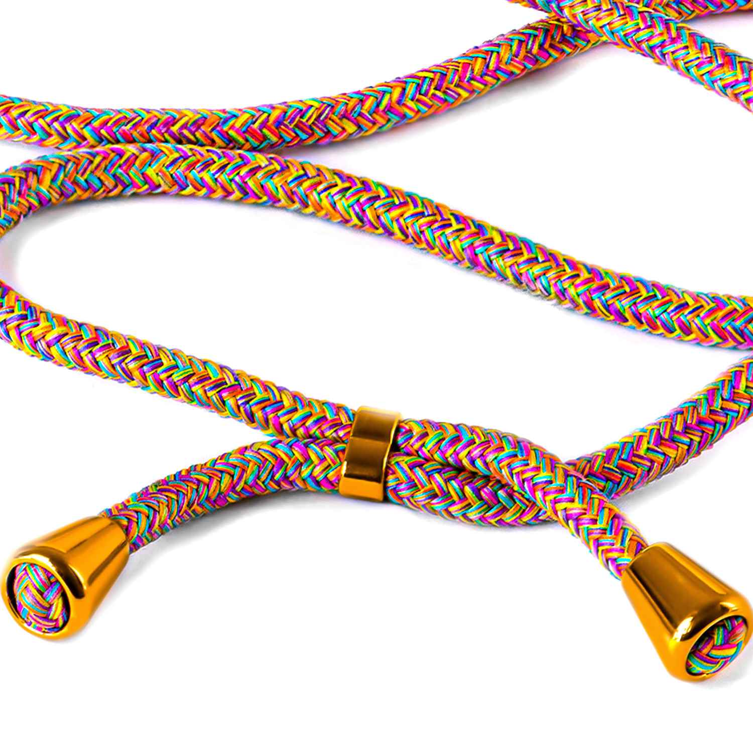 Buntes Telefon-Lanyard mit konischen Goldenden und Goldring.
