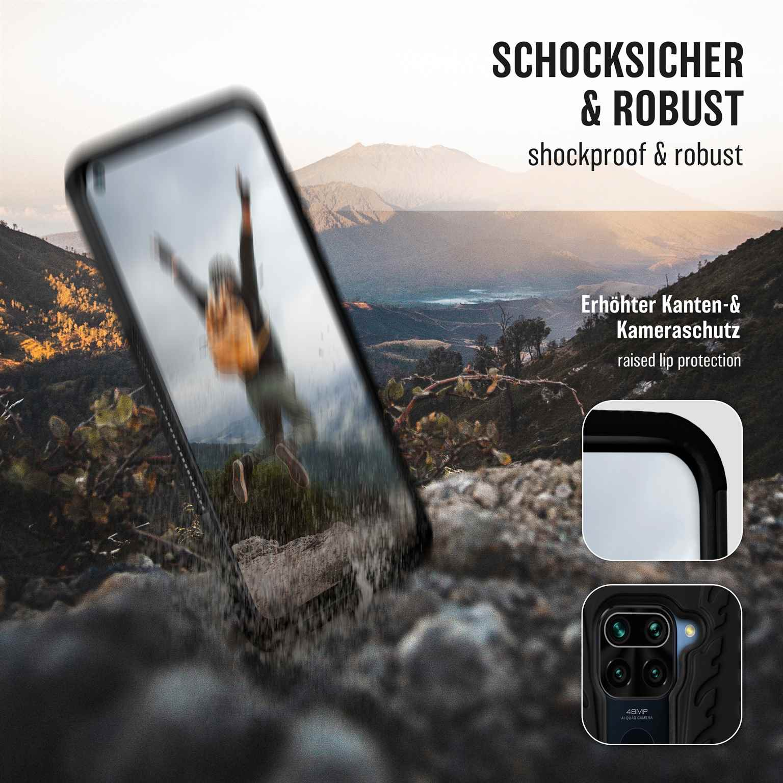 Smartphone-Hülle mit Bergkulisse. Es zeigt eine springende Person mit Telefon in der Hülle. Text lautet 'Schockfest & Robust'.
