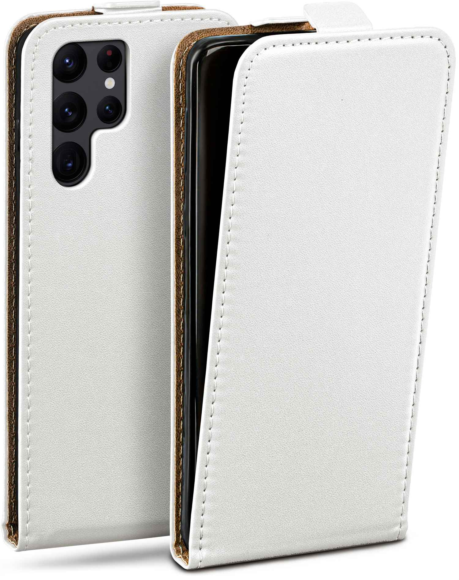 Weiße Handyhülle. Die Hülle ist geschlossen, und das Handy befindet sich in der Hülle. Der Hintergrund ist weiß.