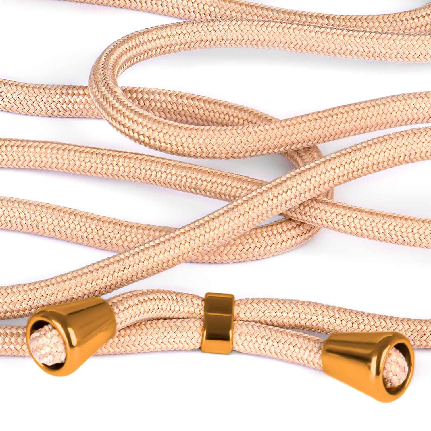 Beige Handykordel mit goldenen Endkappen und Ring.