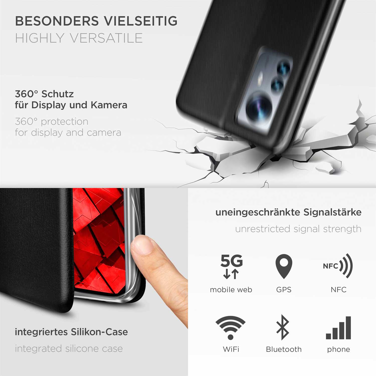 Eine schwarze Handyhülle mit Telefon, mit Symbolen für Funktionen wie 5G, GPS und NFC.