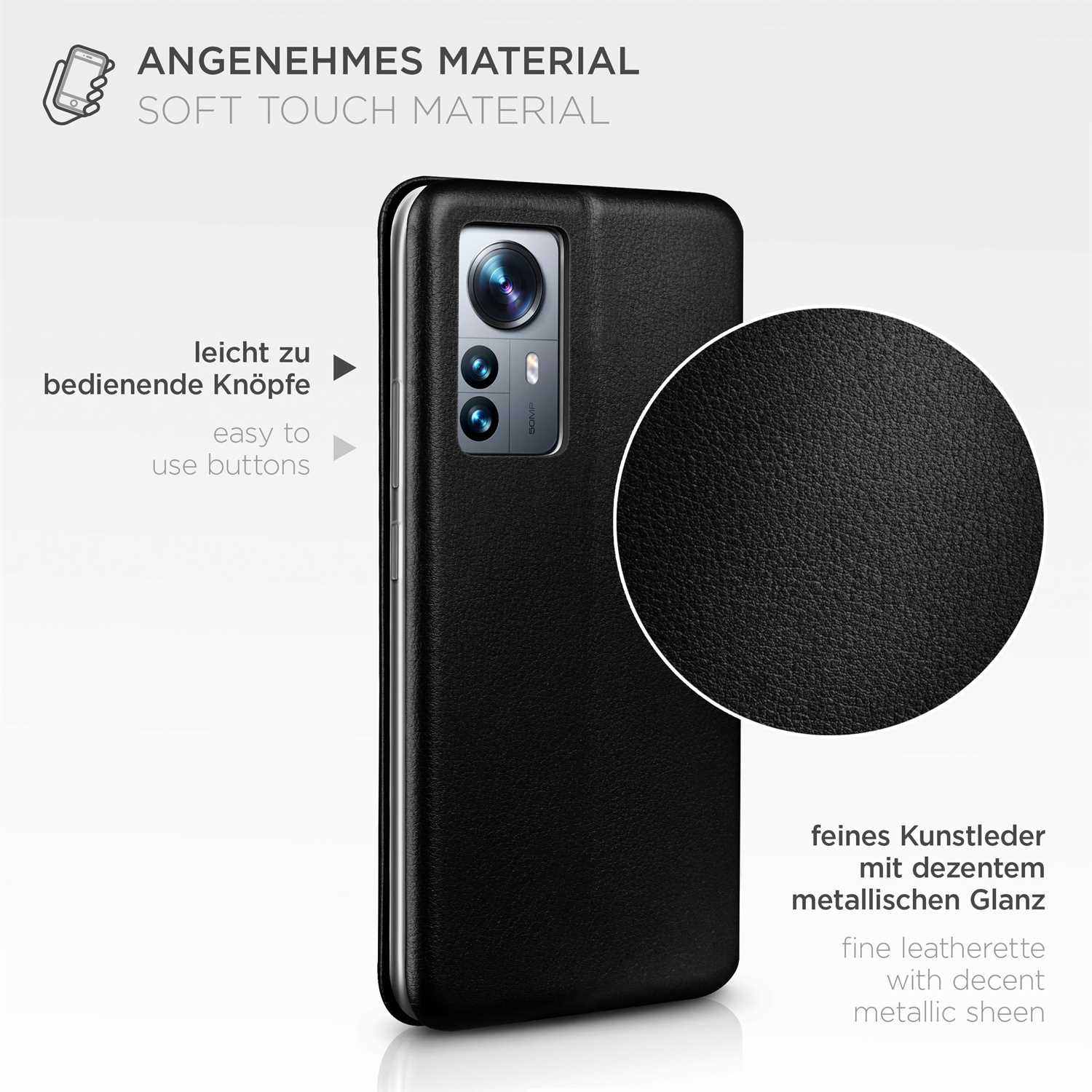 Schwarze Handyhülle mit Text und Nahaufnahme des Materials.