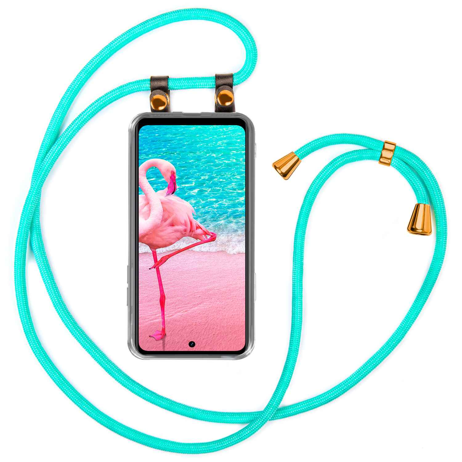 Klares Telefon mit Flamingo-Bild. Türkisfarbener Seilriemen befestigt. Weißer Hintergrund.